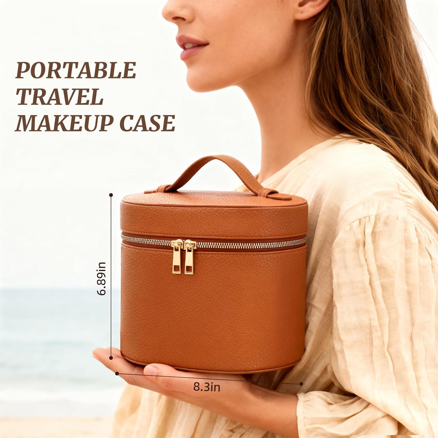 Makeup Bag Vanity Case for Women Leather Cosmetic Bag Makeup Organizer Case Portable Travel Toiletry Bag With Removable Compartments and Handle - Brown