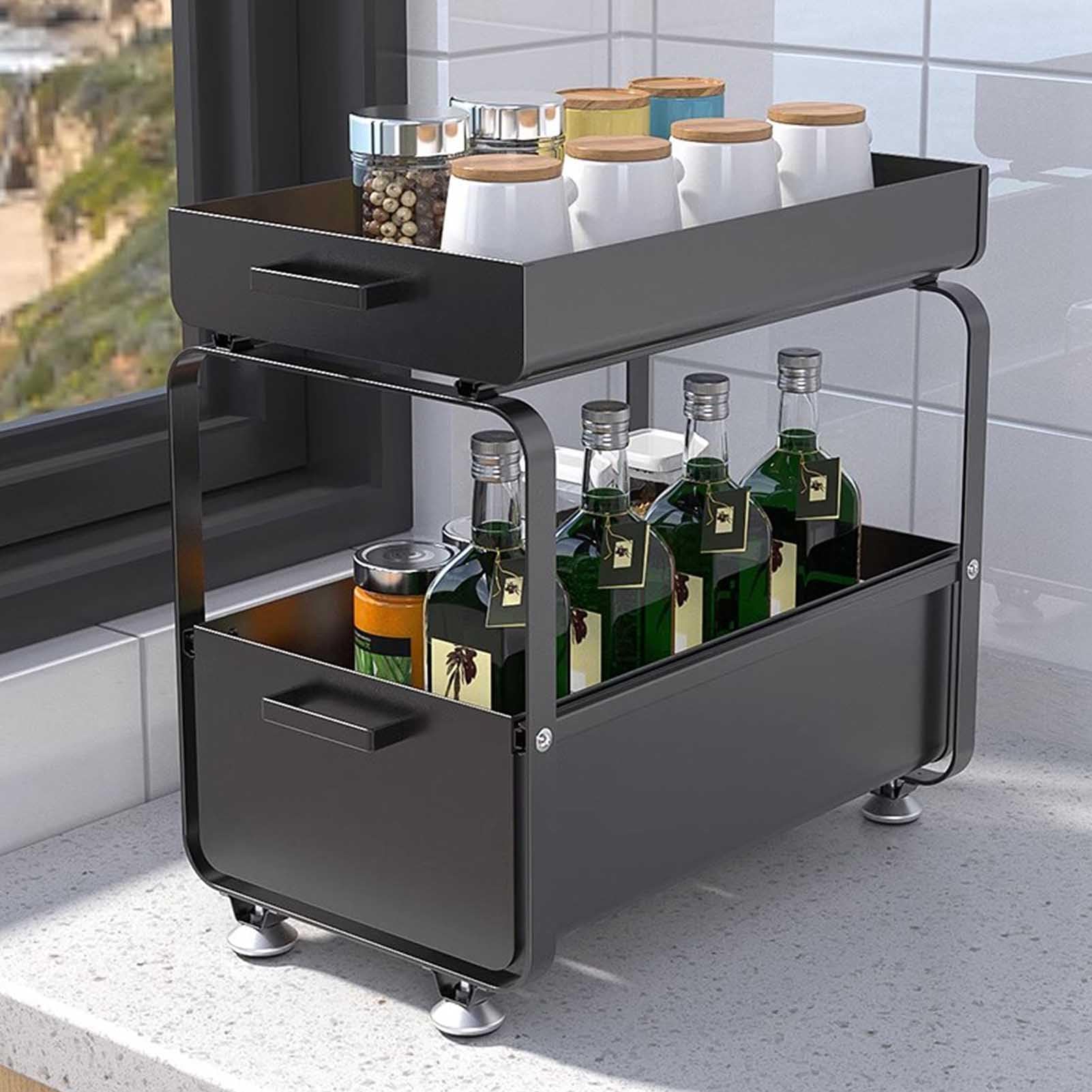 Cassetto estraibile a 2 ripiani con cestello scorrevole, contenitori in metallo per cucina e bagno, nero, soluzione salvaspazio per un facile accesso