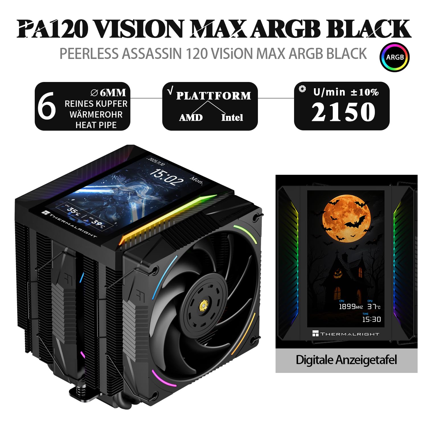TR-Thermalright Peerless Assassin 120 Vision MAX ARGB Nero, Ventola di Raffreddamento CPU a Doppio Torre con 6 Heatpipes e Display IPS da 5 Pollici, per AM5/AM4 e Intel 1700/1851