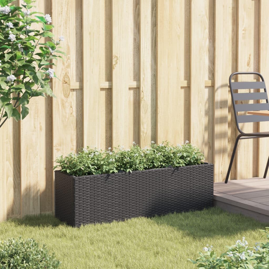 Donica ogrodowa z 3 wkładami czarna 105x30x32 cm rattan PE odporna na warunki atmosferyczne skrzynia balkonowa do kwiatów z wytrzymałym stelażem stalowym