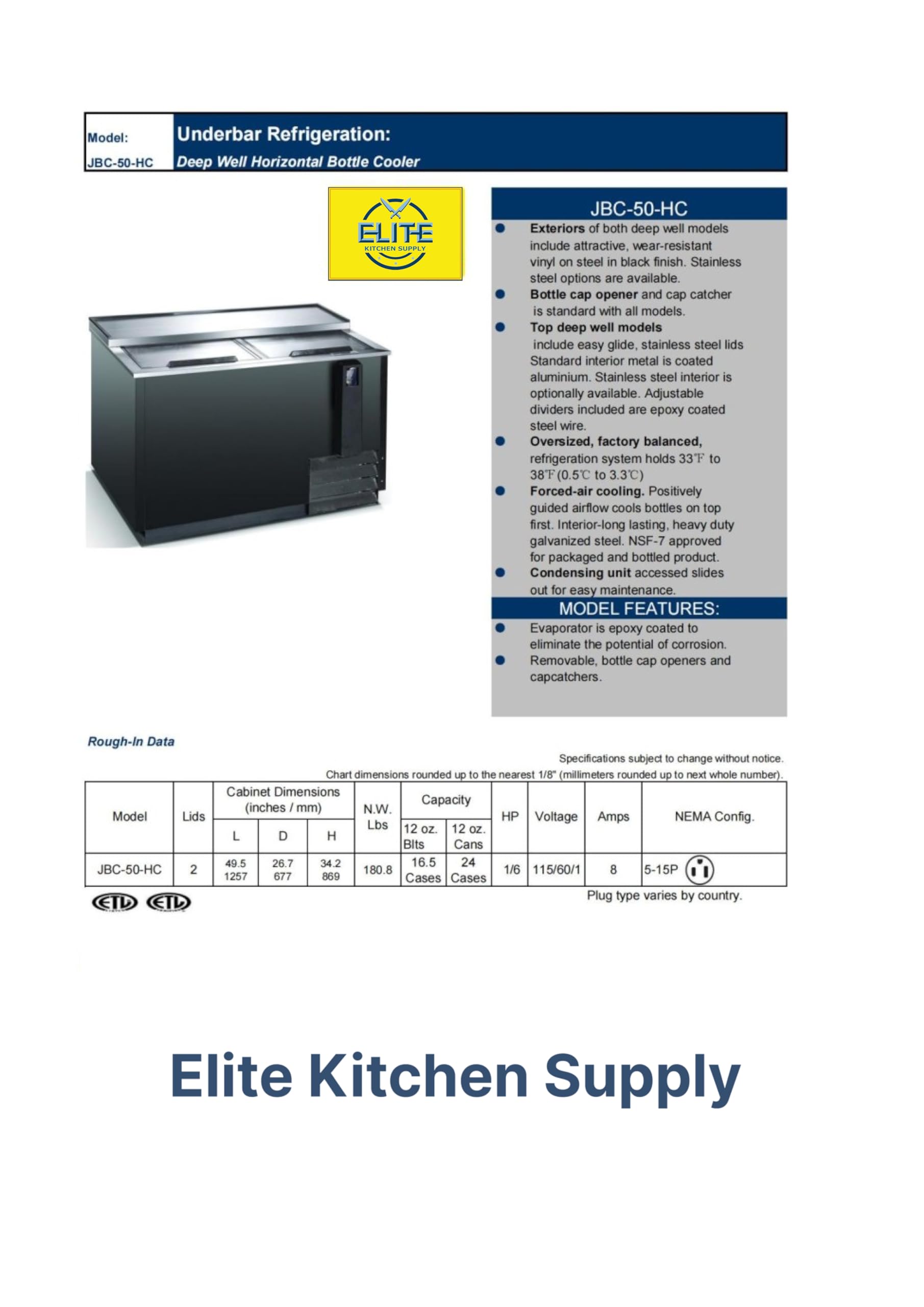 Elite Kitchen Supply Commercial Back Bar Beer Bottle Refrigerator, ETL Horizontal Deep Well Fridge Cooler Merchandiser, 50