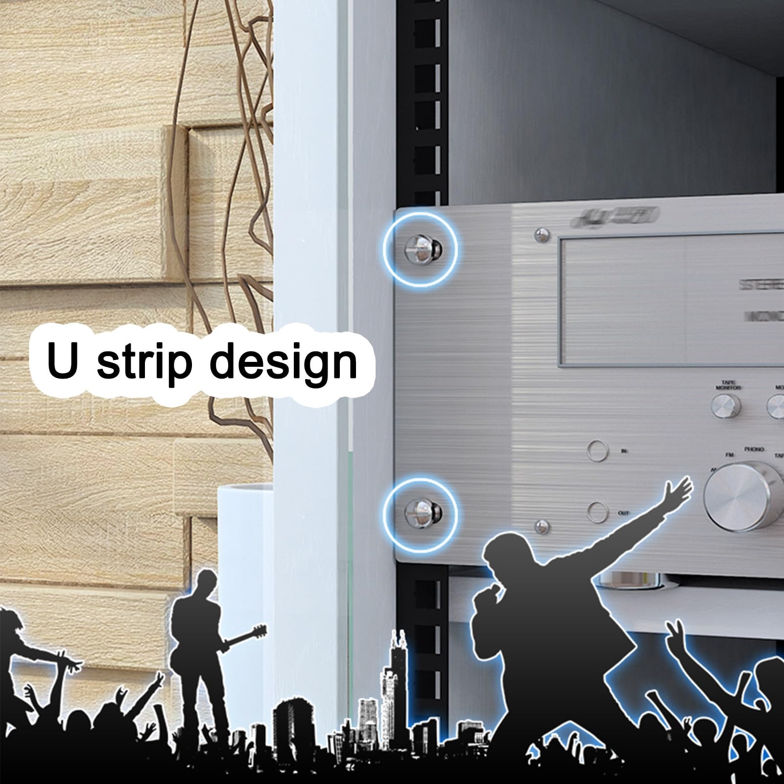 Supporto multimediale AV a 4 livelli, armadietto multimediale con ripiani in legno regolabili in altezza, rack audio mobile chiuso, ante in vetro temperato, gestione cavi (legno di pero, 16U)