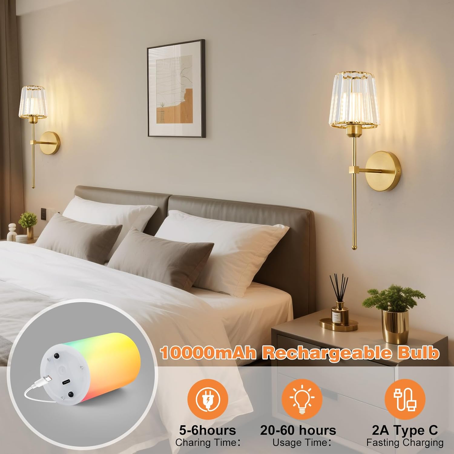 Crystal Battery Powered Wall Sconce Set Of 2, Wireless Sconces With 10000 Mah Rechargeable Bulbs, 12rgb And Dimmable Battery Operated Sconces With Remote, Cordless Wall Lamp For Bedroom, Living Room