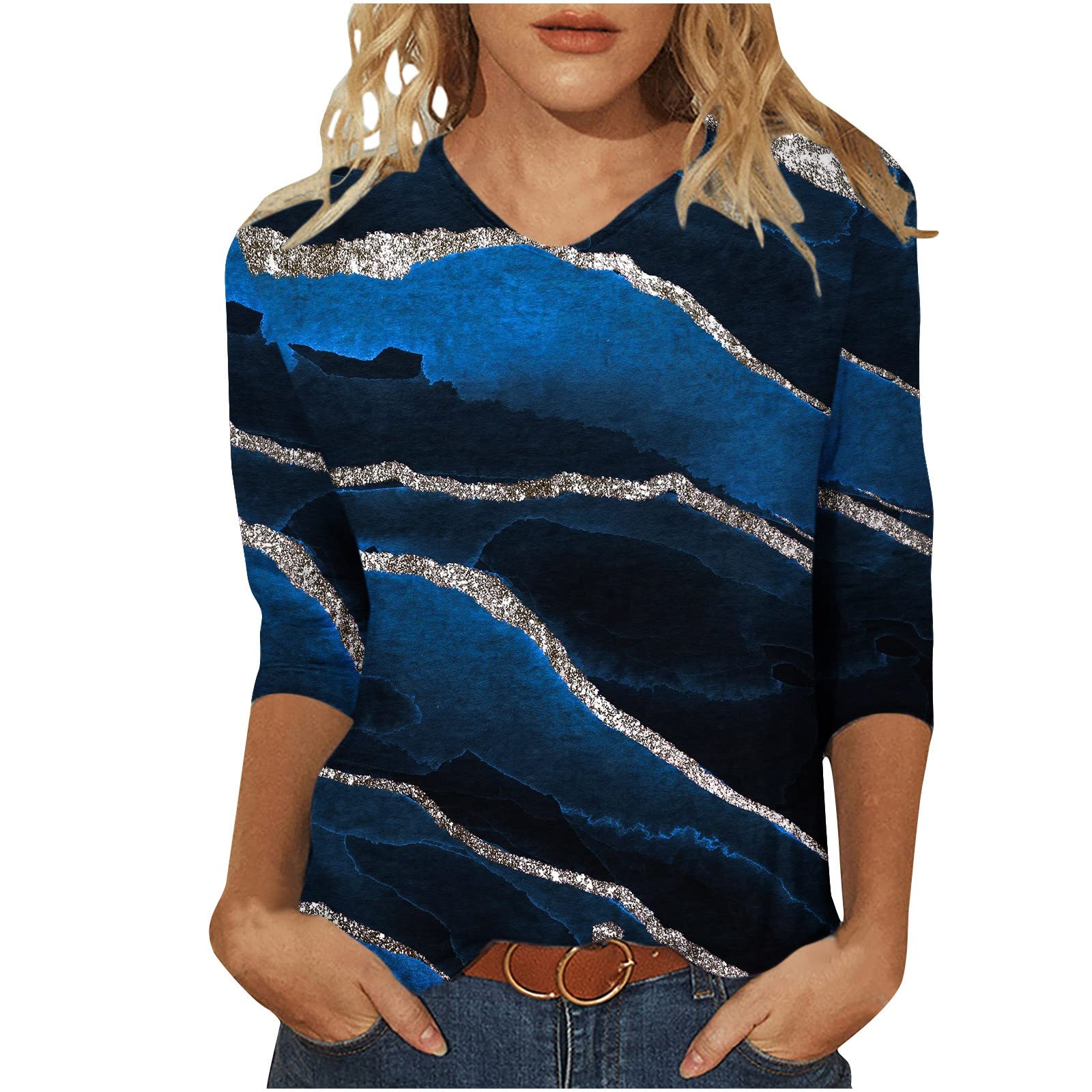 Womens 3/4 Length Sleeve Tops Crew Neck Amecan Flag Patriotic T Shirts for Women Trendy Casual Business Tunic Tops