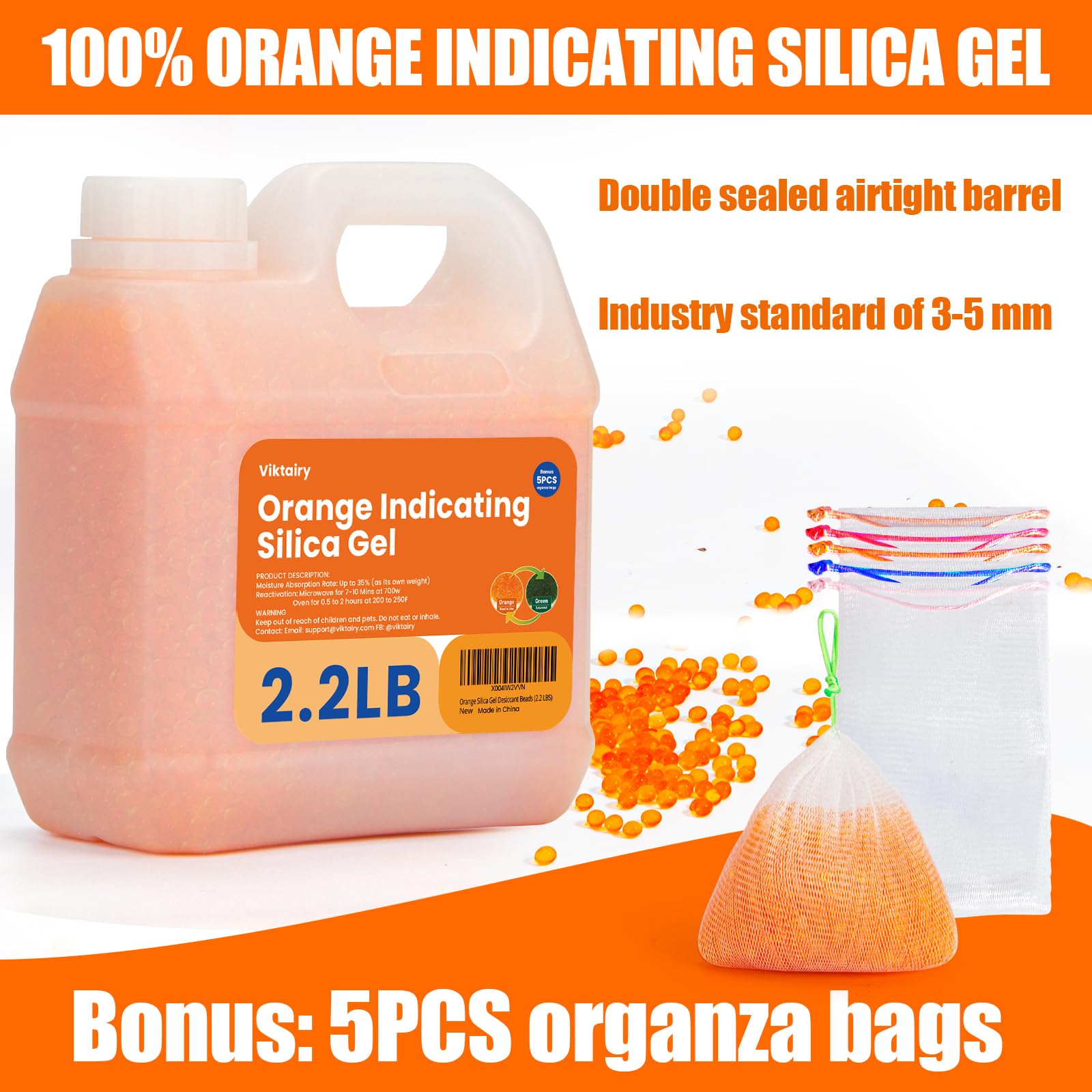 2.2 LBS Orange Silica Gel Desiccant Beads, Reusable & Color Indicating — Amazon image 2