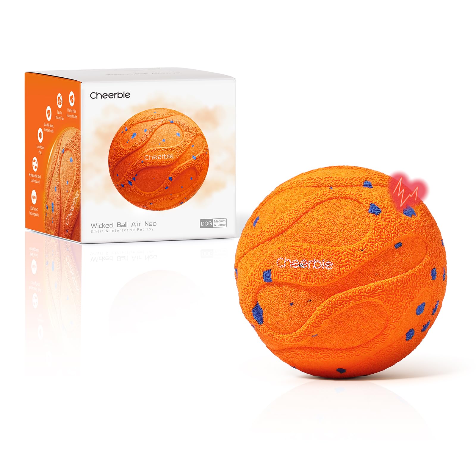 Cheerble Smart Interactive Dog Toy - Wicked Ball AIR Neo, Heartbeat Puppy Toy, Self-Moving Turning & Rotating Dog Ball with ETPU, IPX7, Active Rolling Ball for Medium & Large Dogs, Orange