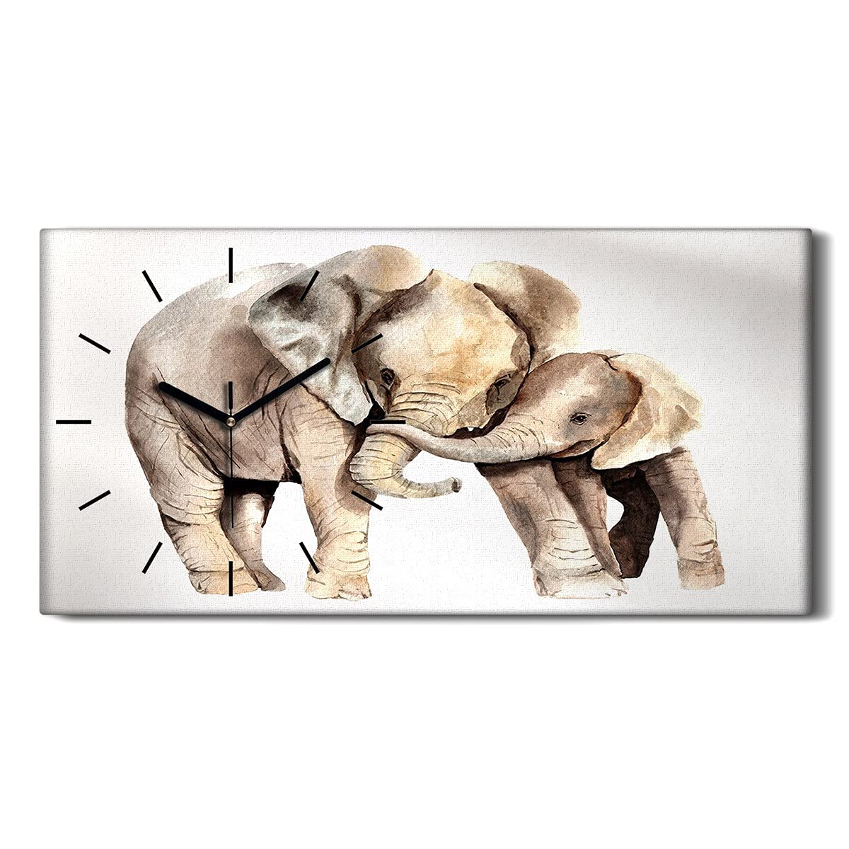 Horloge sur Toile Éléphant Africain 60x30 Design Mains Noires Coloray