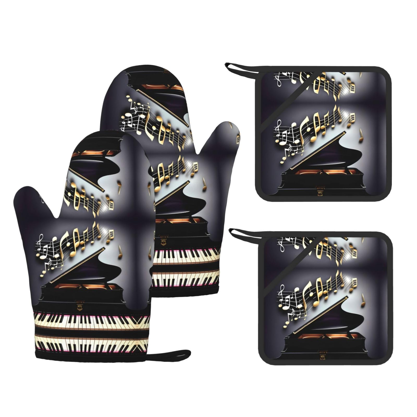 Music Note Pianos Printed Kitchen Set with Heat Resistant Oven Gloves & Non-Slip Pot Holders for Daily Cooking