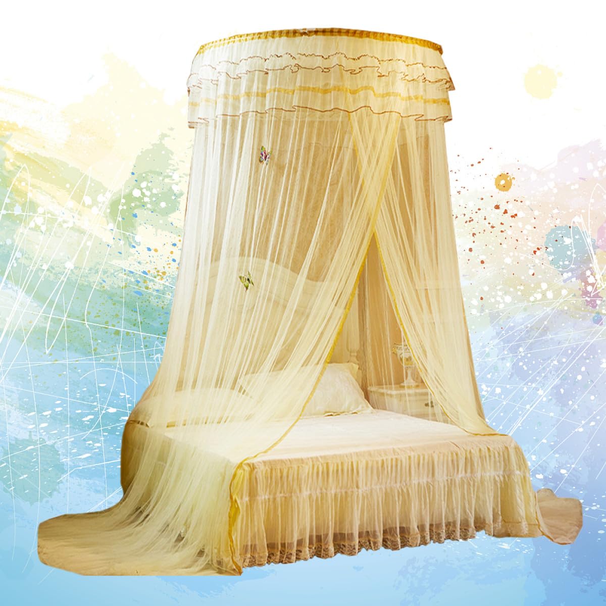 TEHAUX Zanzariera da Letto a Cupola in Pizzo Beige 1 Pezzo
