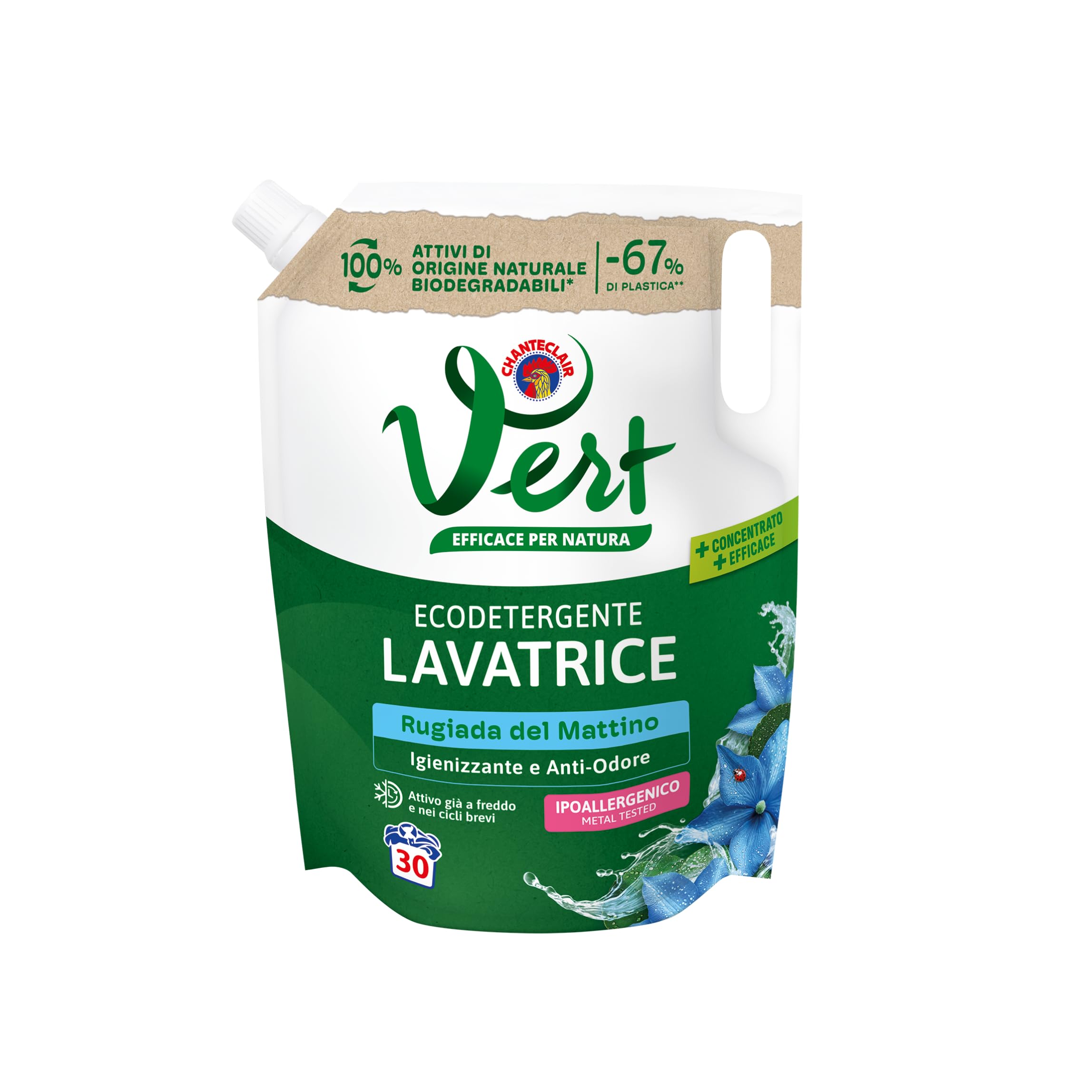 Vert - Ecodetergente Lavatrice - Fragranza Rugiada del Mattino, 100% Origine Naturale, Funzione Igienizzante & Anti Odore, Efficace anche a Freddo e nei Lavaggi Brevi - Flacone da 1200 ml, 30 Lavaggi