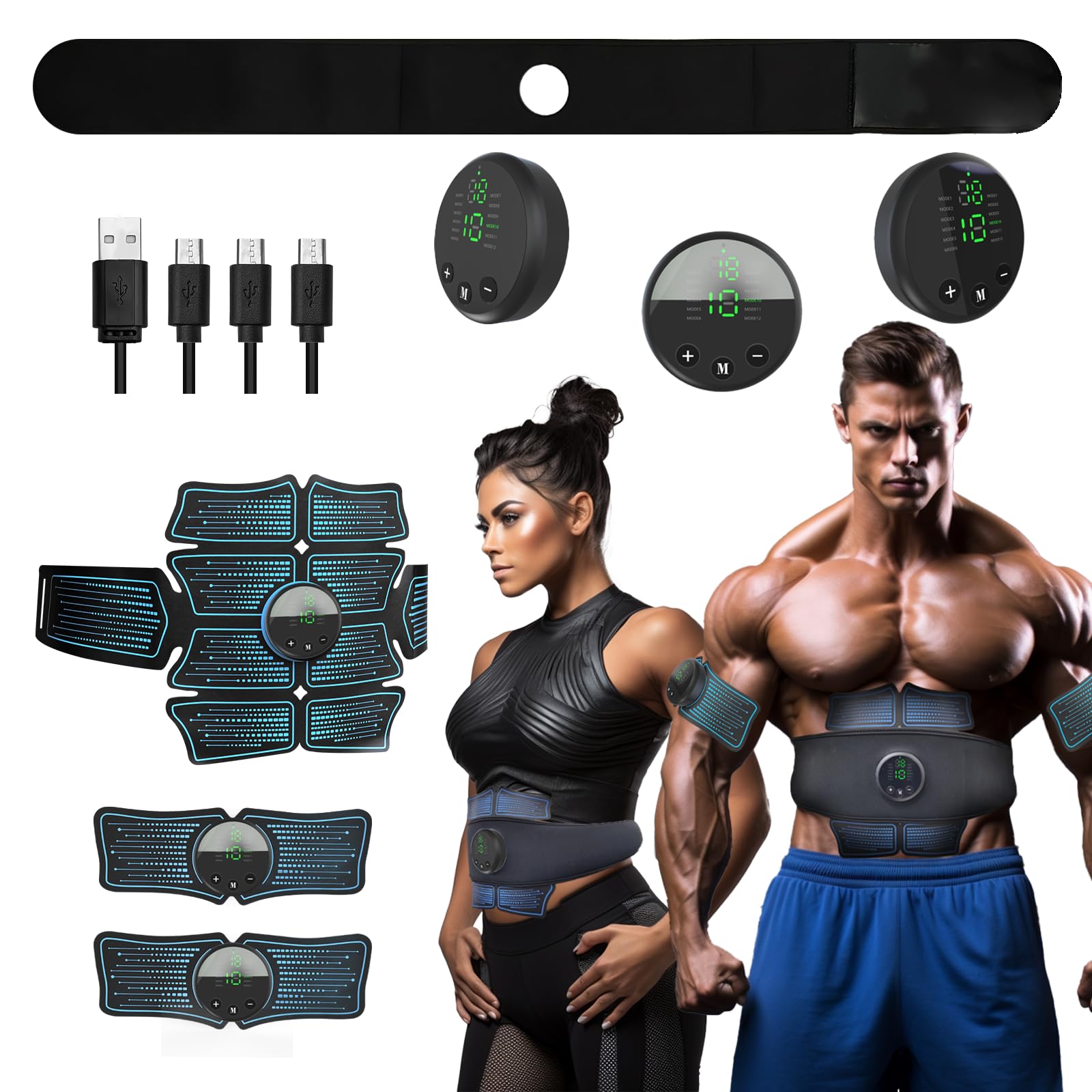 Ab Stimulator and Muscle Toner – ABS and Arms Muscle Stimulator, All-in-one MHD TENS Portable Fitness Workout Equipment for Men and Women Black