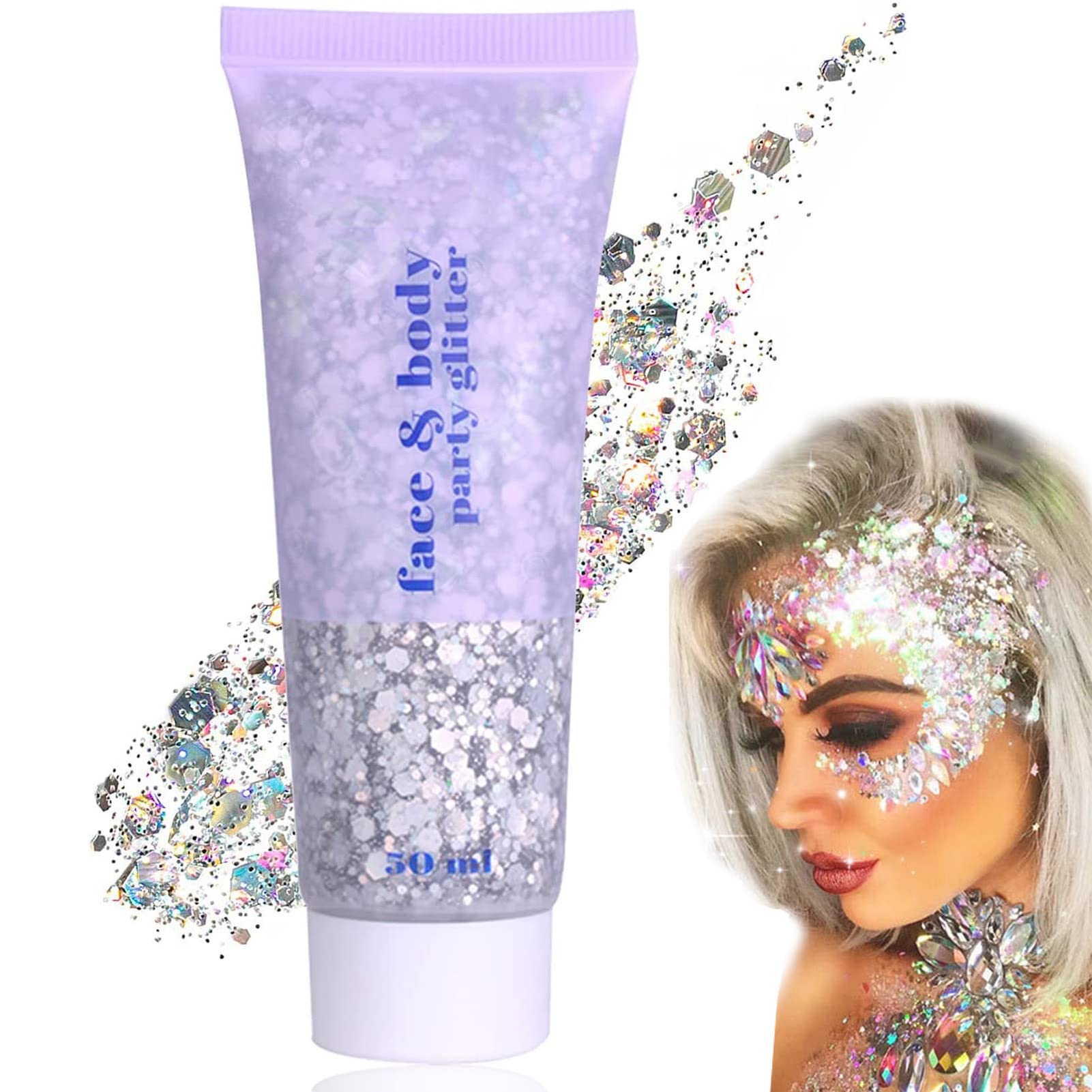 Paillettes Brillos, Chunky Purpurina Cara Purpurina Líquida para Maquillaje Festival, Gel de mermaid Sequins Chunky Glitter Liquid Gel Kit, para la Cara, Cabello y Cuerpo para La fiesta(05# Plata)