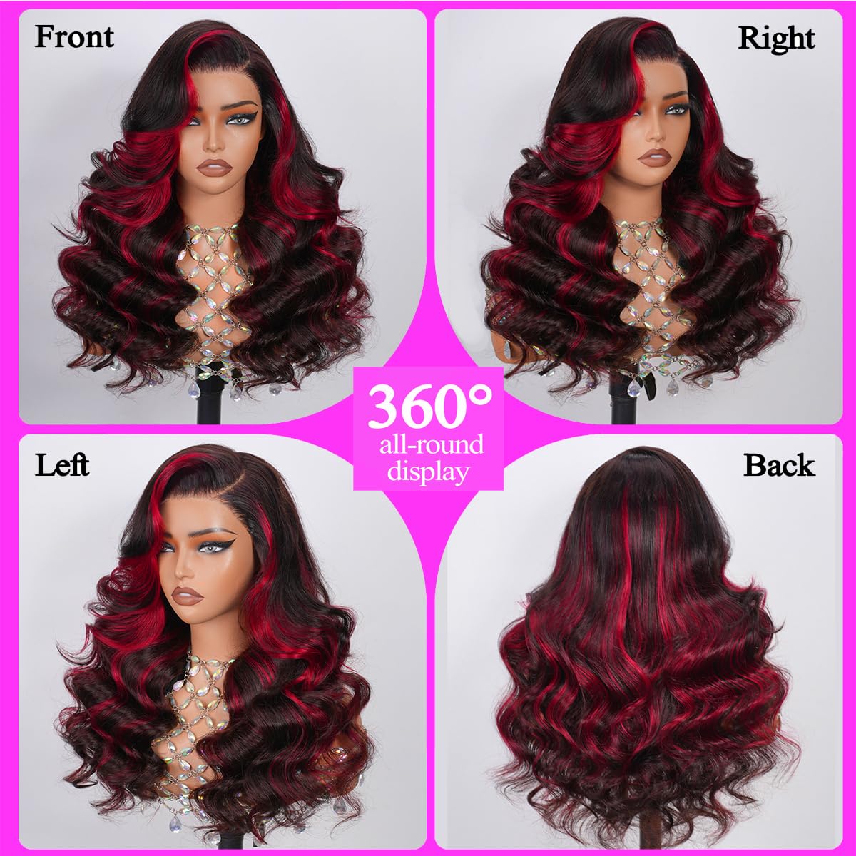 99J Burgundy 9x6 Highlight Lace Front Wig Human Hair Ombre Skunk Strip Body Wave Red And Black Colored Wigs Human Hair 9x6 HD Lace Frontal Wigs 200 Density Pre Plucked For Women 22 Inch
