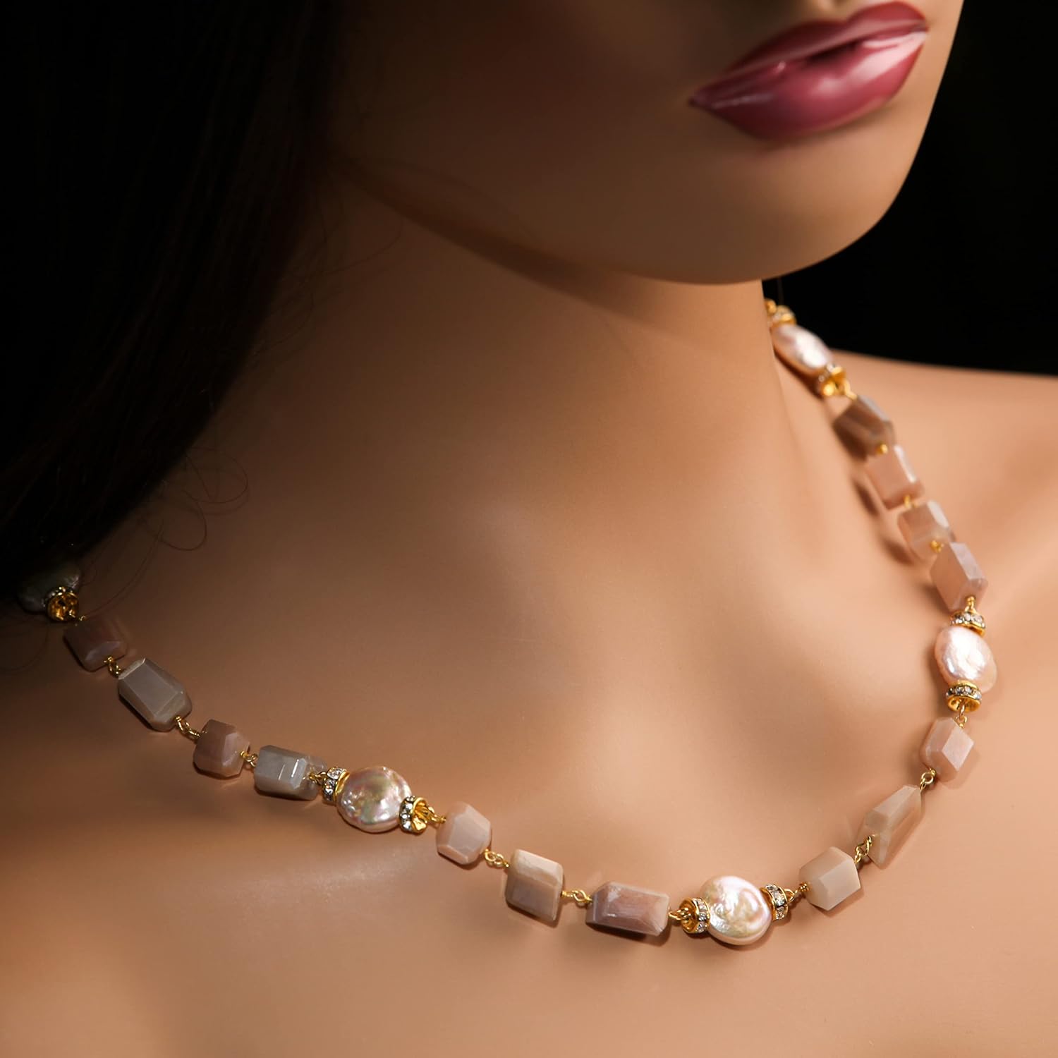 Peach Moonstone with Freshwater Pearl Coin shape Necklace