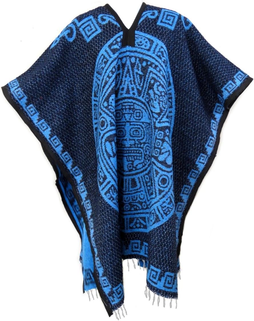 Authentic Mexican Poncho Reversible Cobija Blanket - Aztec Calendar (Blue - Aqua)