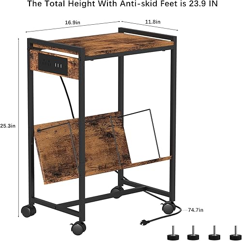 Miniatura 2 de CADUKE Soporte para tocadiscos de 2 niveles con almacenamiento para discos de vinilo con ruedas, mesita de noche industrial con estación de carga