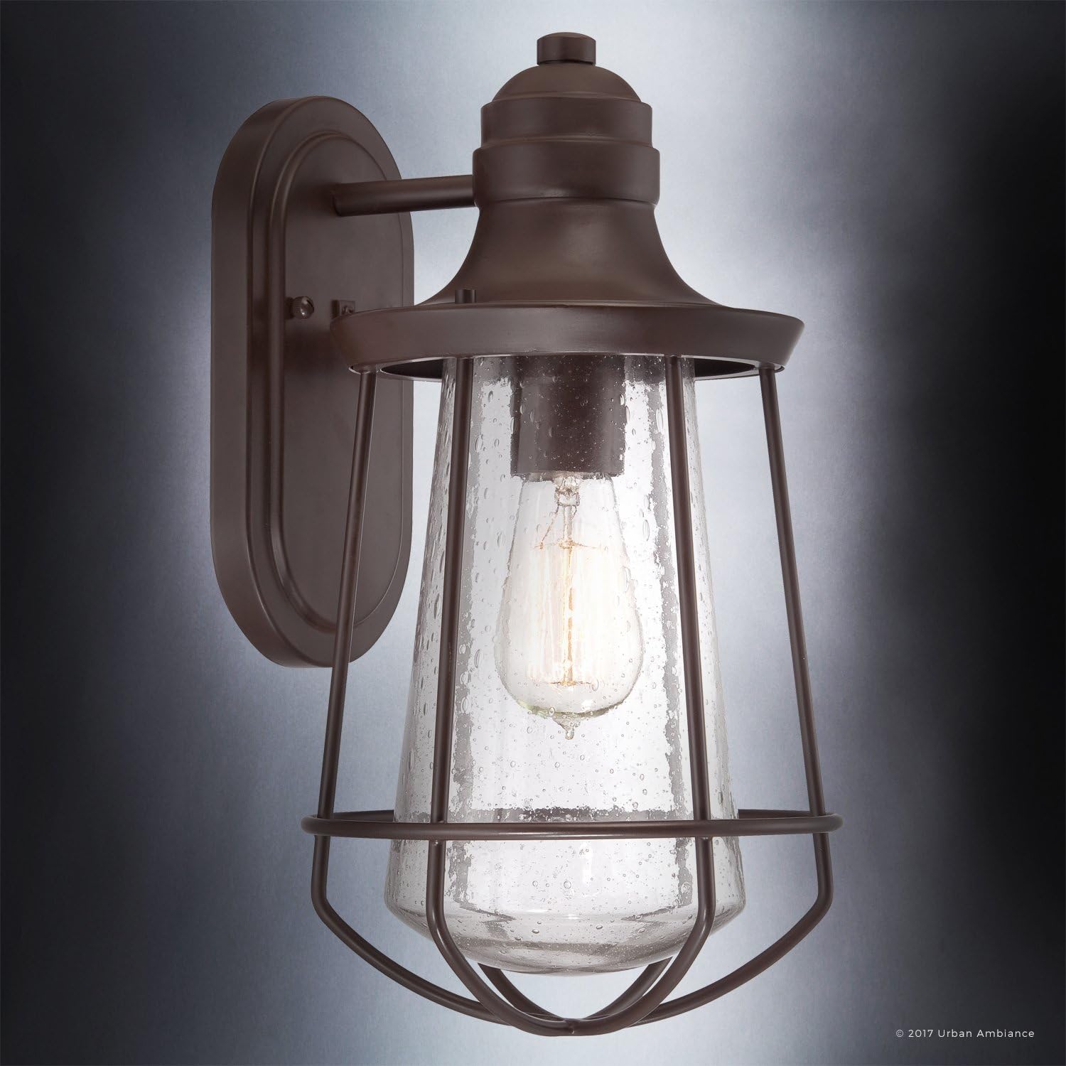 70% Off Everything Luxury Vintage Outdoor Wall Light, Medium Size: 15H x 8.5W, with Nautical Style Elements, Cage Design, Estate Bronze Finish and Seeded Glass, Includes Edison Bulb, UQL1121 by Urban Ambiance