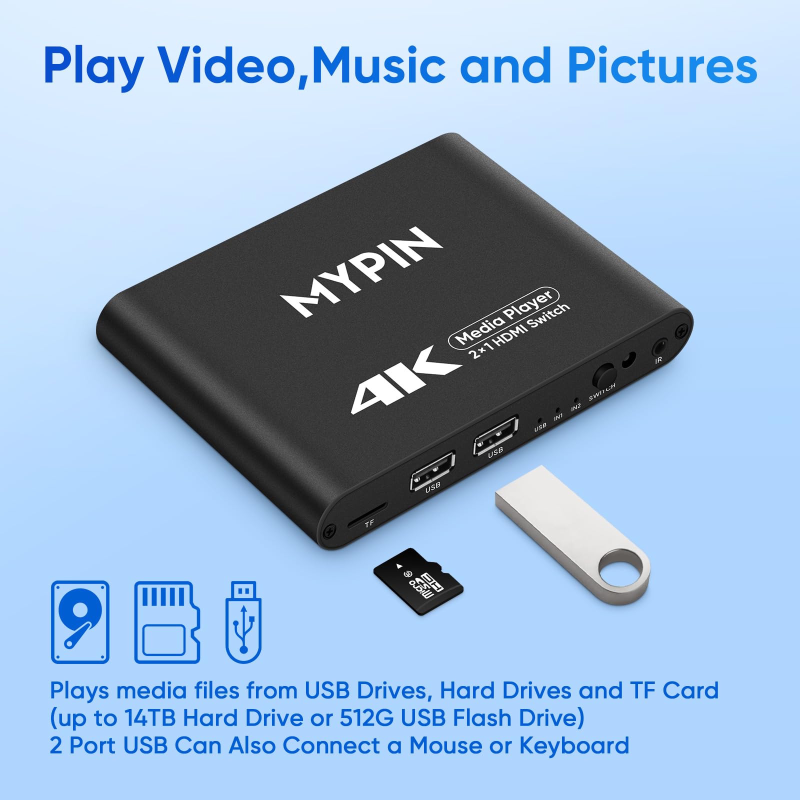 MYPIN 4K Medienspieler mit 2 in 1 Ausgang HDMI Umschaltfunktion, 2 Anschluss HDMI Umschalter, Automatische Umschaltung mit Fernbedienung unterstützt Bild/Musik/Video Looping/Automatische Wiedergabe
