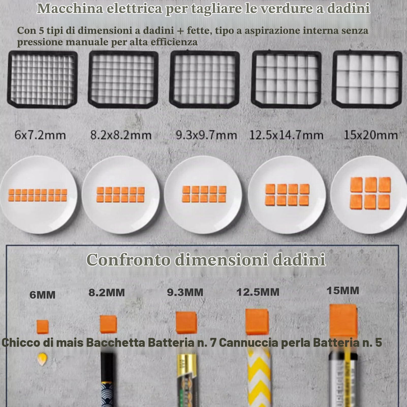 Cubettatrice per verdure commerciale, robusta macchina elettrica in acciaio inox 304 per tagliare a cubetti la frutta, carote, patate e cipolle, robot da cucina con 5 lame