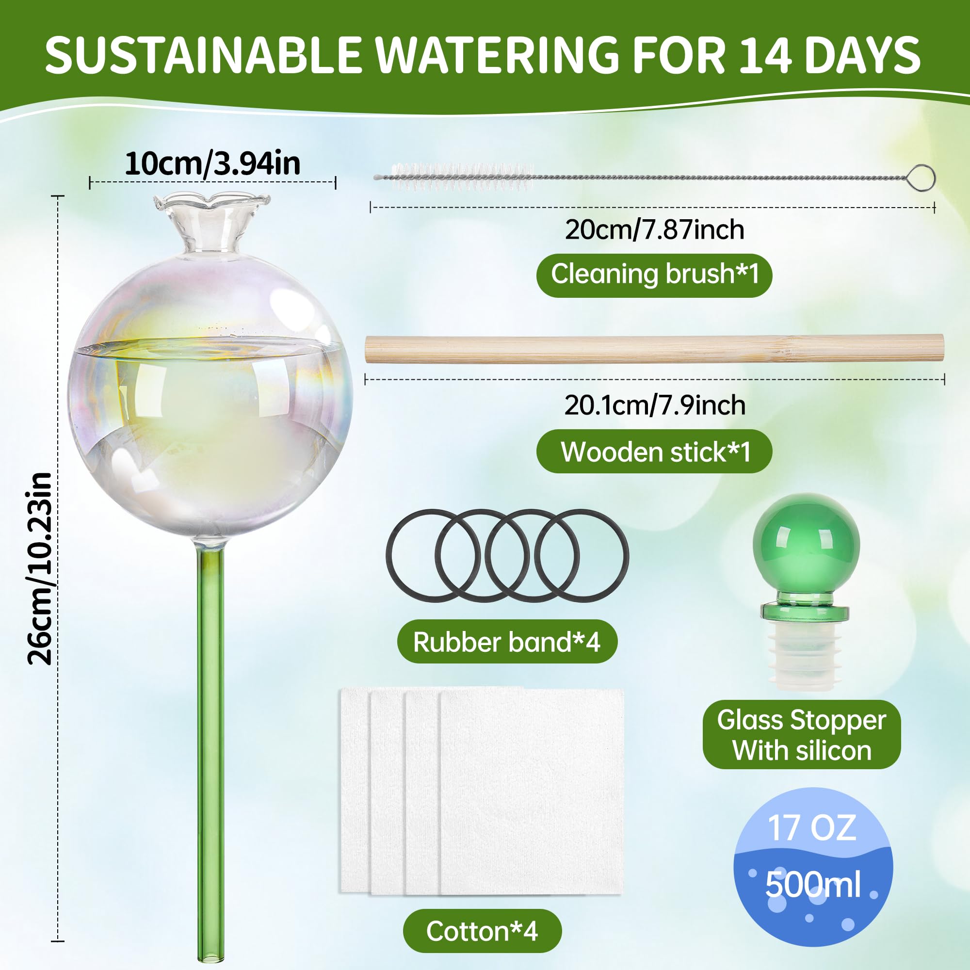 Lot de 4 globes d'arrosage de plantes extra larges en verre irisé de 500 ml pour 2 semaines, bulbes d'arrosage automatique pour un usage quotidien ou en vacances