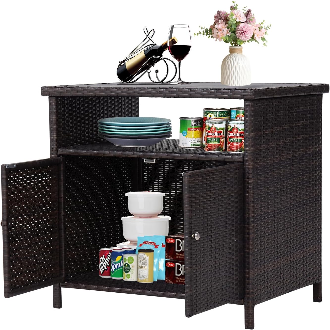 Wicker Outdoor Bar Table with Aluminum Tabletop - Outdoor Storage Cabinet Weather-Proof Rattan Bar Counter Table with Two Doors for Outdoor Cushions, Pool Toys and Garden Tools