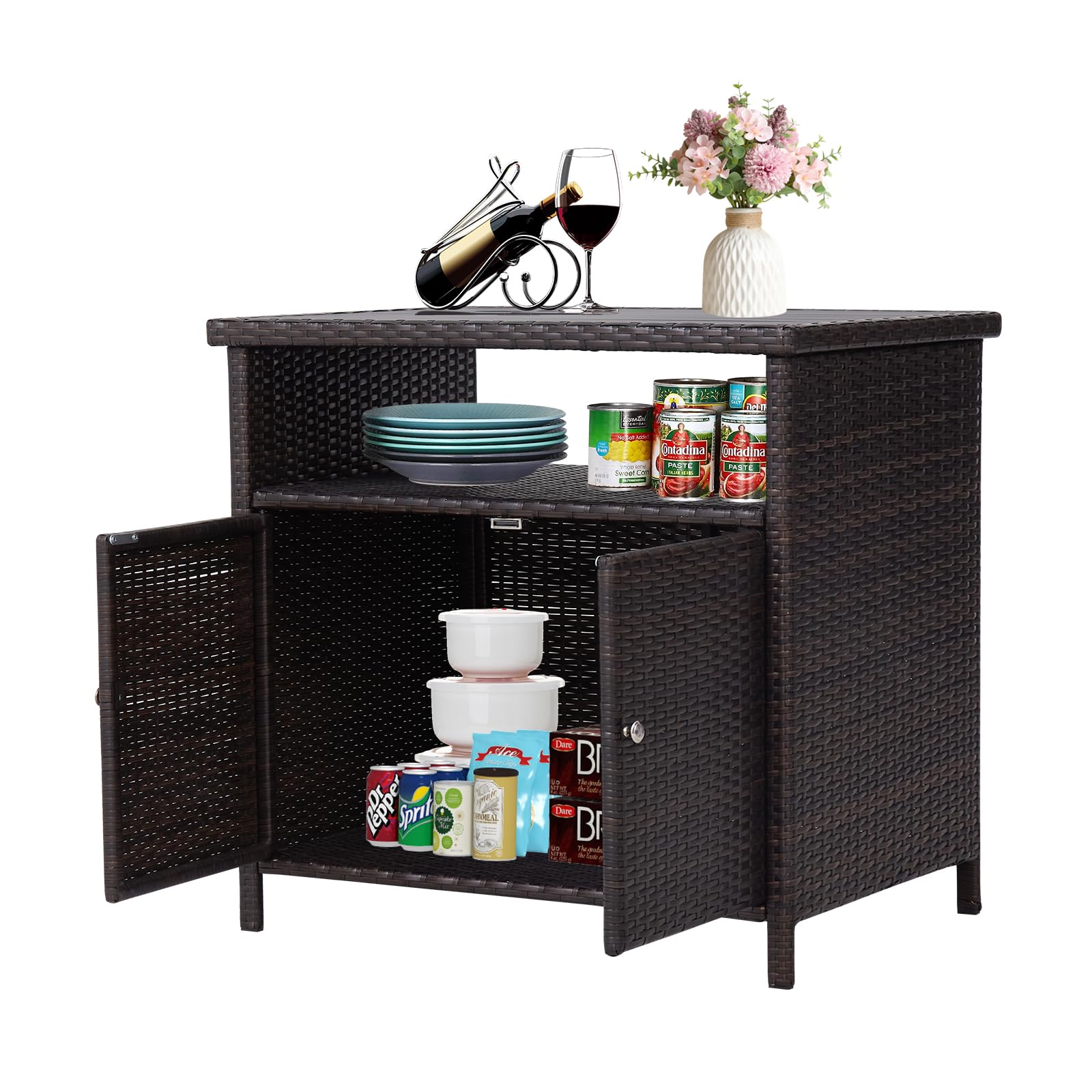 Zurssar Wicker Outdoor Bar Table with Aluminum Tabletop - Outdoor Storage Cabinet Weather-Proof Rattan Bar Counter Table with Two Doors for Outdoor