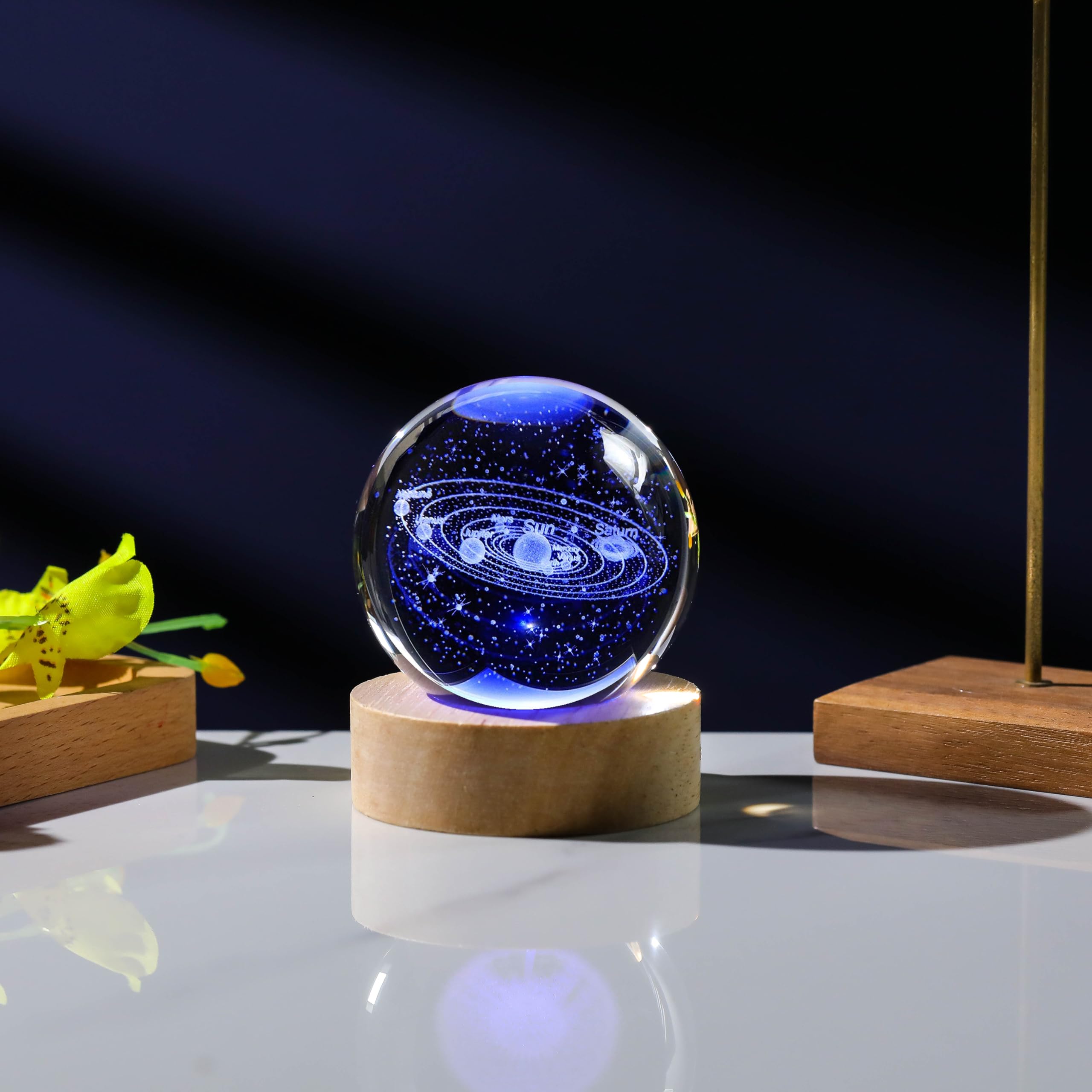 3D Solar System Crystal Ball with LED Colorful Lighting Touch Base, Solar System Model Decor Science Astronomy Gifts God Bless The World Easter Religious Space Gifts Decor