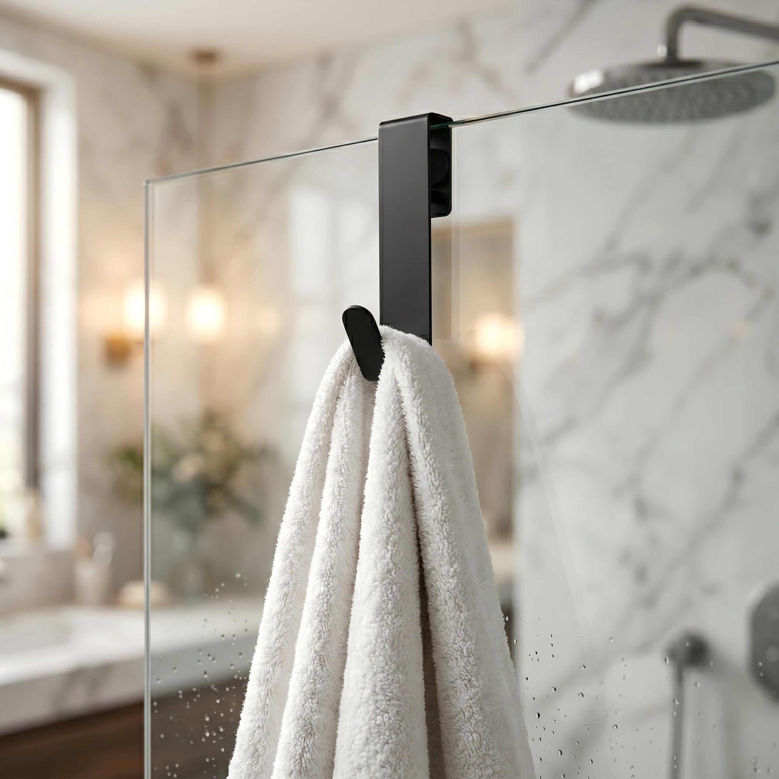 2 Piezas Gancho de DuchaNegros, Ganchos para Mampara de Ducha de Acero Inoxidable, Ganchos Mampara Ducha Puerta, Perchas Baño sin Taladro para Toallas Baño, Cristales de 0,6-1,7 cm de Grosor