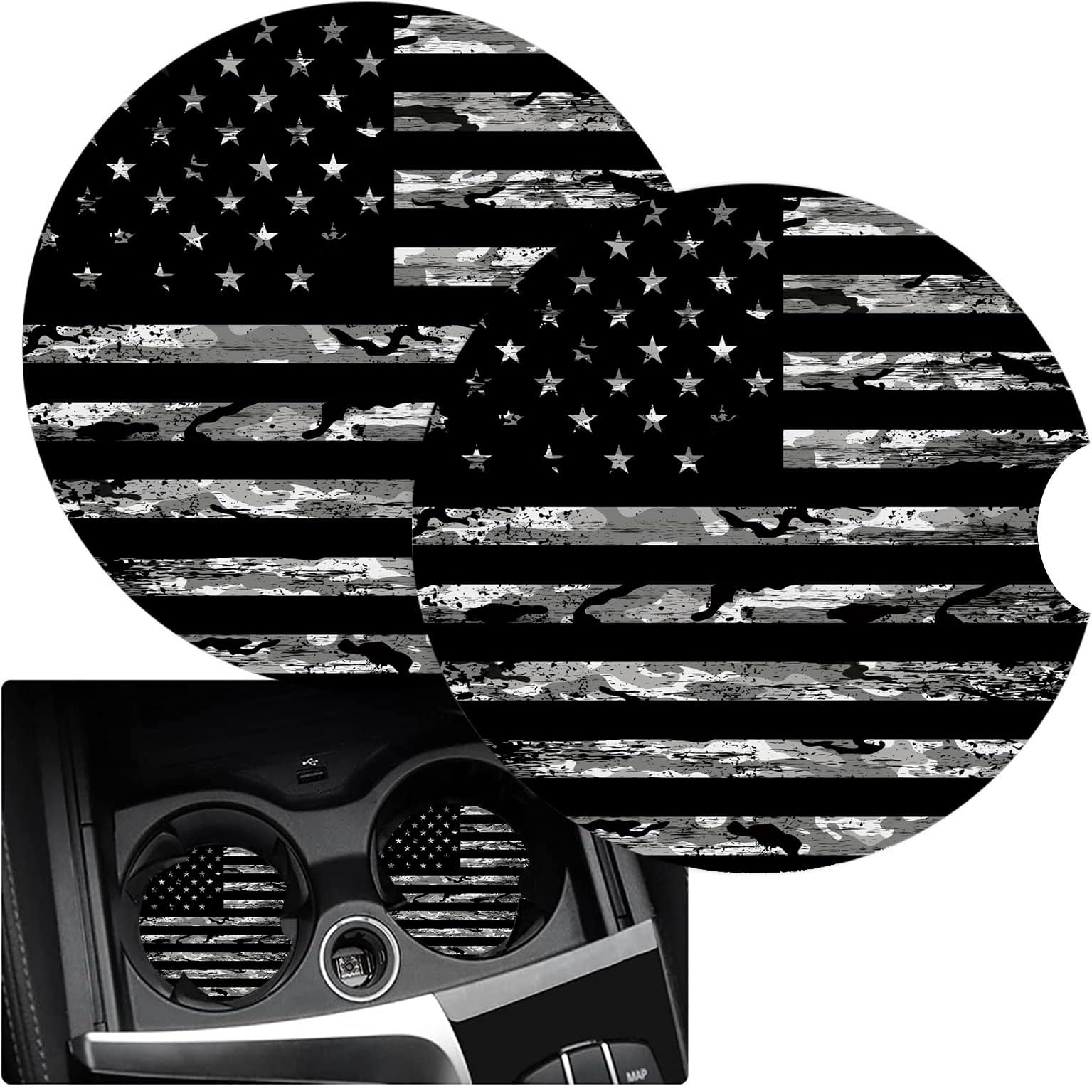 Cup Holders Car Coasters for Women/Men - 2 Pack Absorbent Ceramic Stone Drinks Coaster Set, Camo America US Flag