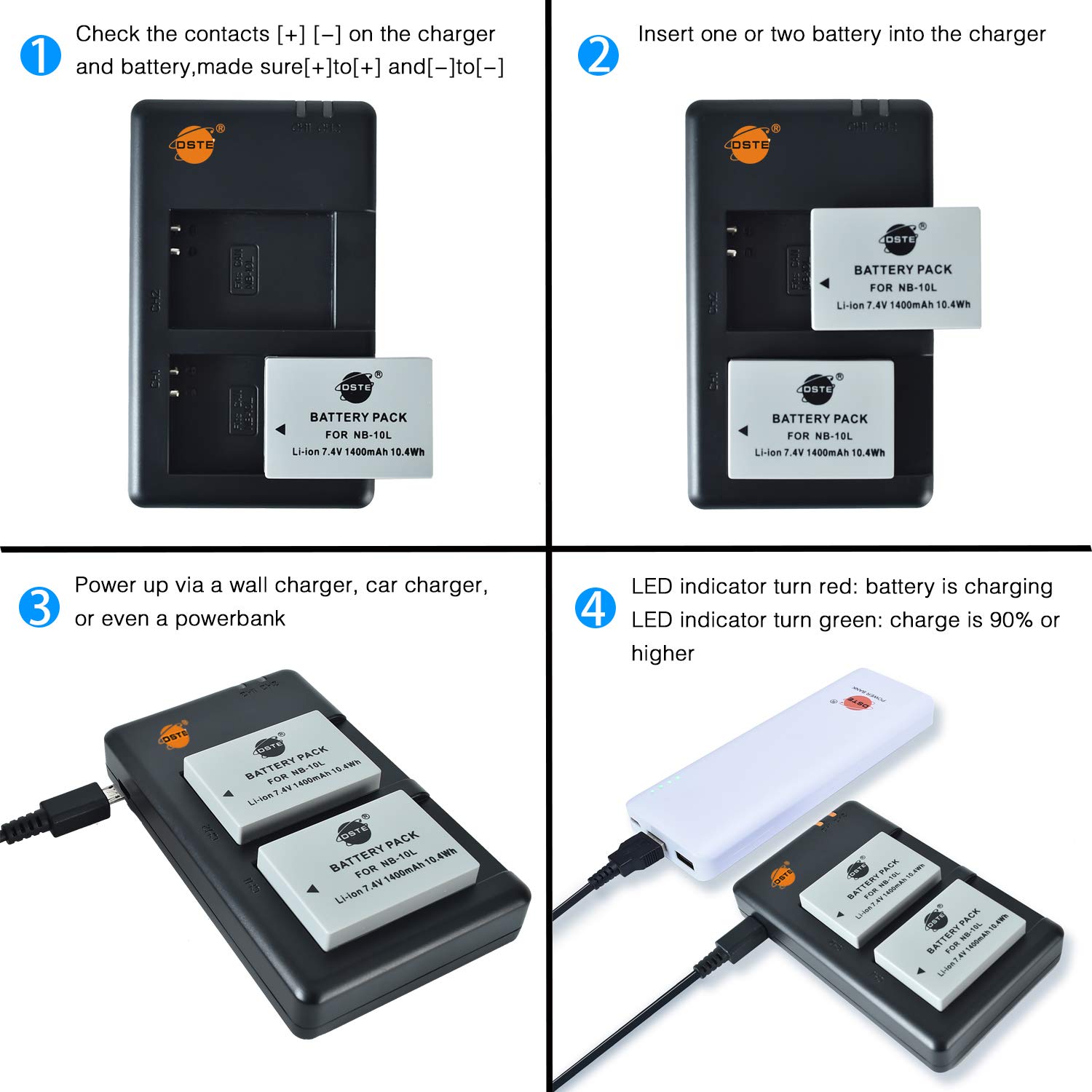 2X NB-10L batterie e caricabatterie compatibile con Canon PowerShot G1 X, G3 X, G15, G16, SX40 HS, SX50 HS, SX60 HS fotocamera 2X NB-10L batterie e caricabatterie compatibile con Canon PowerShot G1 X, G3 X, G15, G16, SX40 HS, SX50 HS, SX60 HS fotocamera