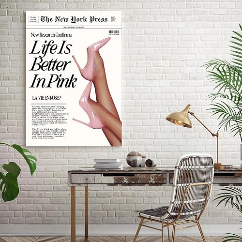 Miniatura 7 de Póster de moda Baby Pink Hot Girl Life Is Better In Pink Newspaper Wall Art Retro de tacón alto, imagen de los años 70, impresiones en lienzo de
