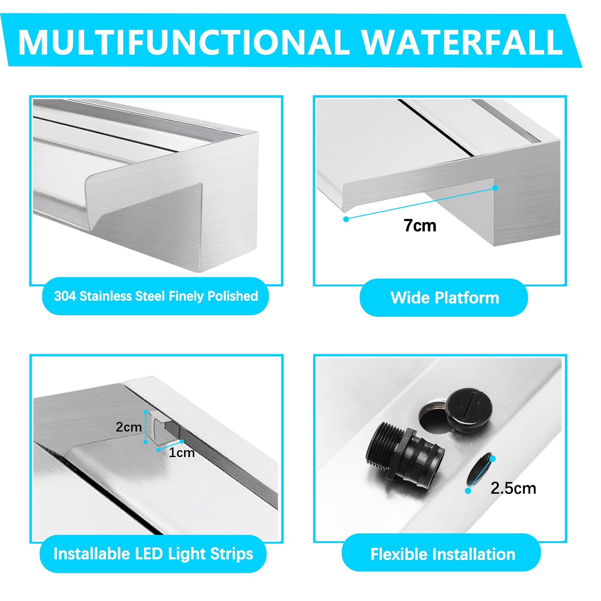 Gargouille en acier inoxydable avec large plate-forme fluide, convient pour les étangs de jardin, les terrasses, les piscines et les caractéristiques d'eau (15 cm)