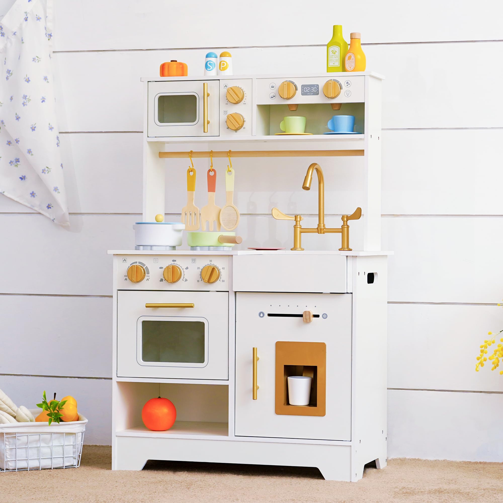 Wooden Play Kitchen for Kids with Ice Maker, Role Play Pretend Kitchen