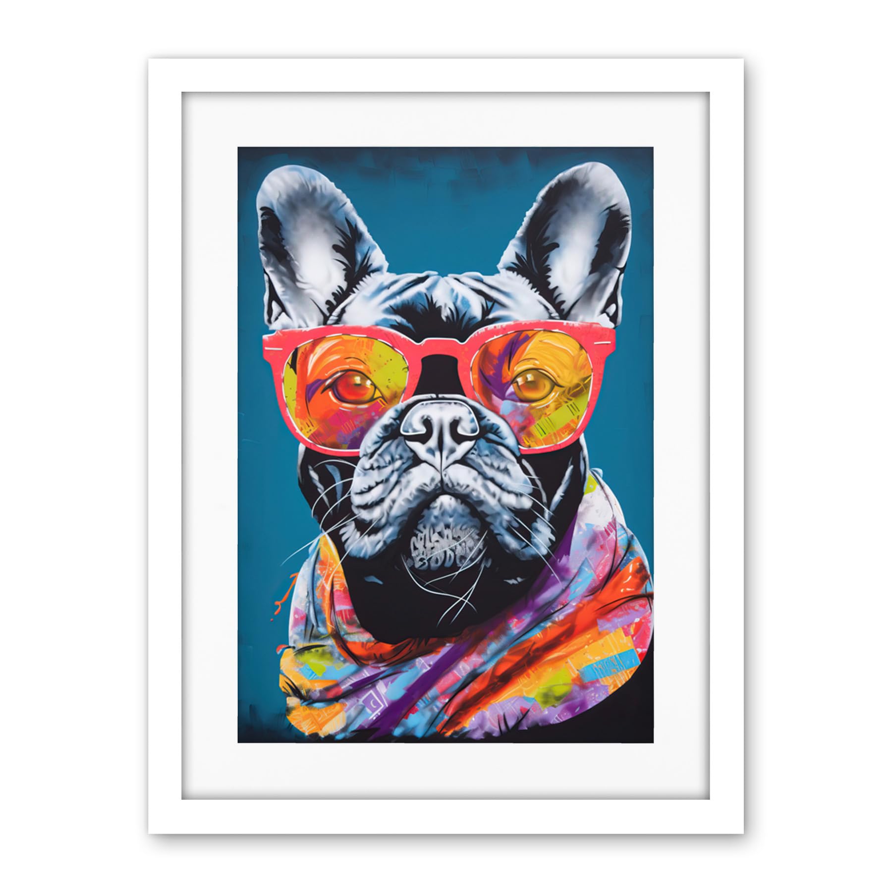 Artery8 English Bulldog with Neon Bandana and Sunglasses Artwork Framed Wall Art Print 18X24 Inch