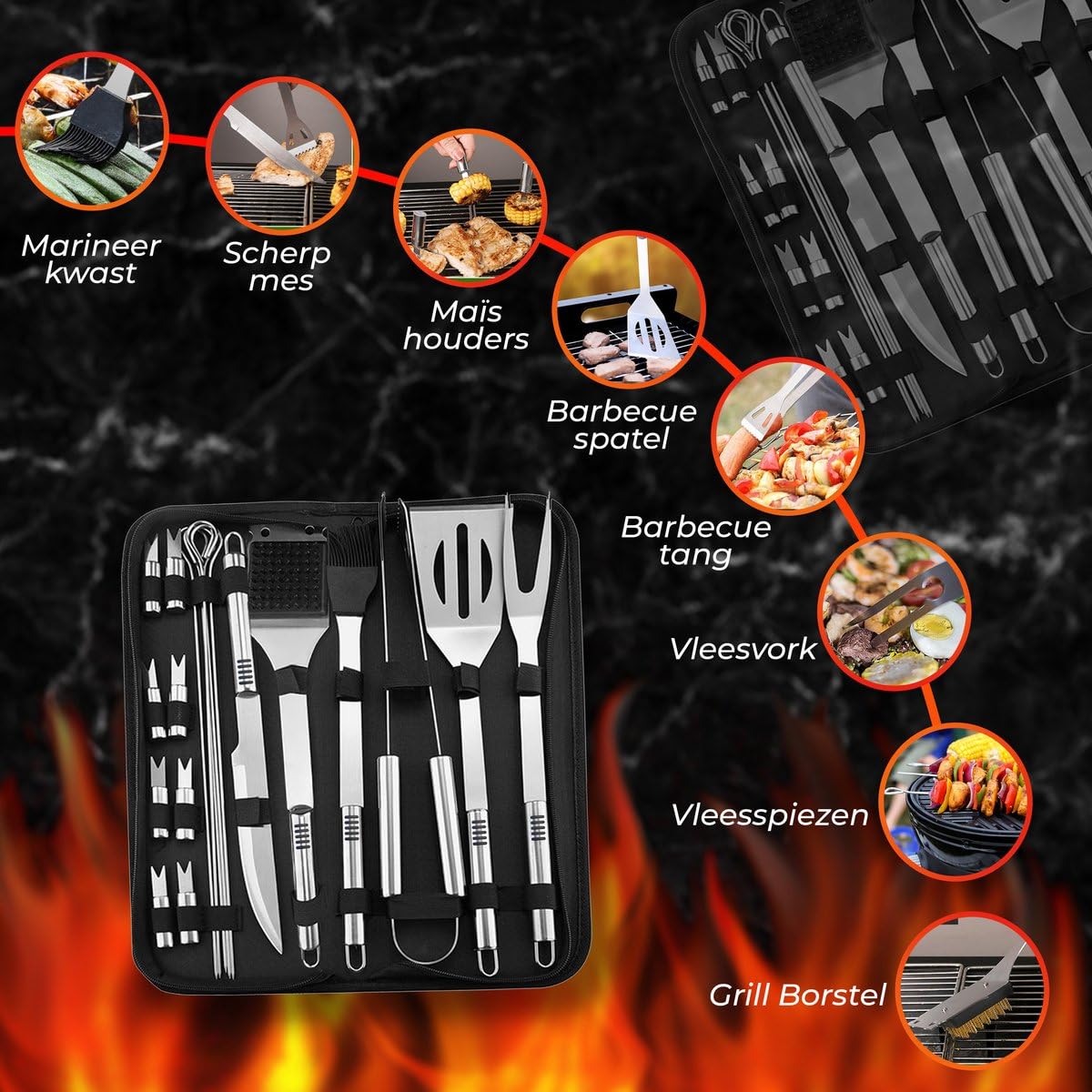 GrillX Zestaw narzędzi do grilla - 19-częściowy - wraz z luksusową torbą do przenoszenia - Akcesoria do grilla Kamado - Zestaw narzędzi