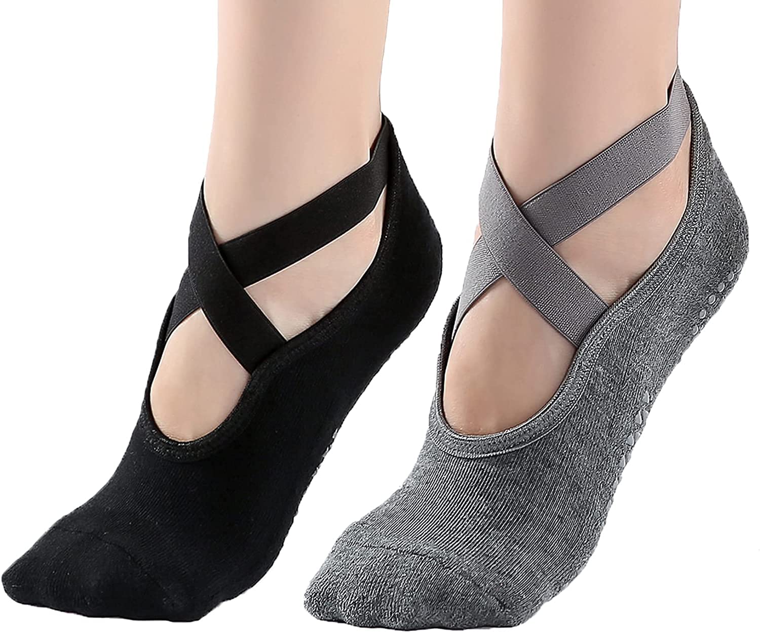 SulensYoga Socks for Women Non-Slip Grips & Straps, Ideal for Pilates, Pure Barre, Ballet, Dance, Barefoot Workout - 2 packs(Black&Grey)