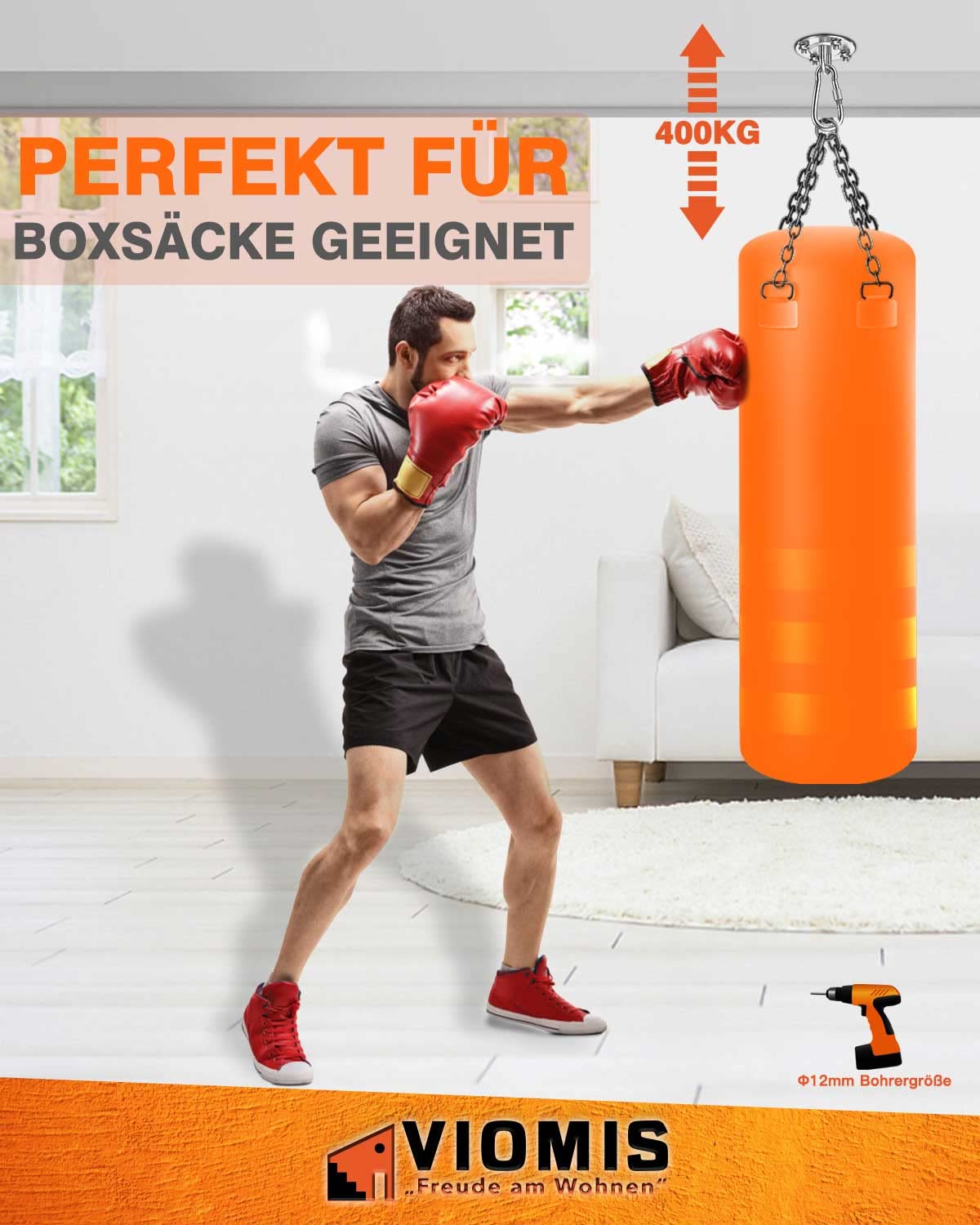 Gancio da soffitto in acciaio inox per sacchi da boxe [set da 2] – Portata 400 kg – Supporto per sacco da boxe – Ideale supporto da soffitto per sacco da boxe