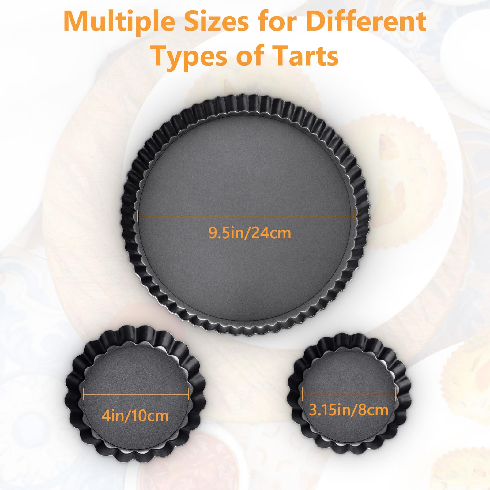 Layhit 34 moldes para tartas de 9.5 pulgadas, 3 pulgadas, 4 pulgadas, mini moldes para tartas para hornear, molde inferior extraíble, moldes antiadherentes para tartas de huevo, sartén profunda de