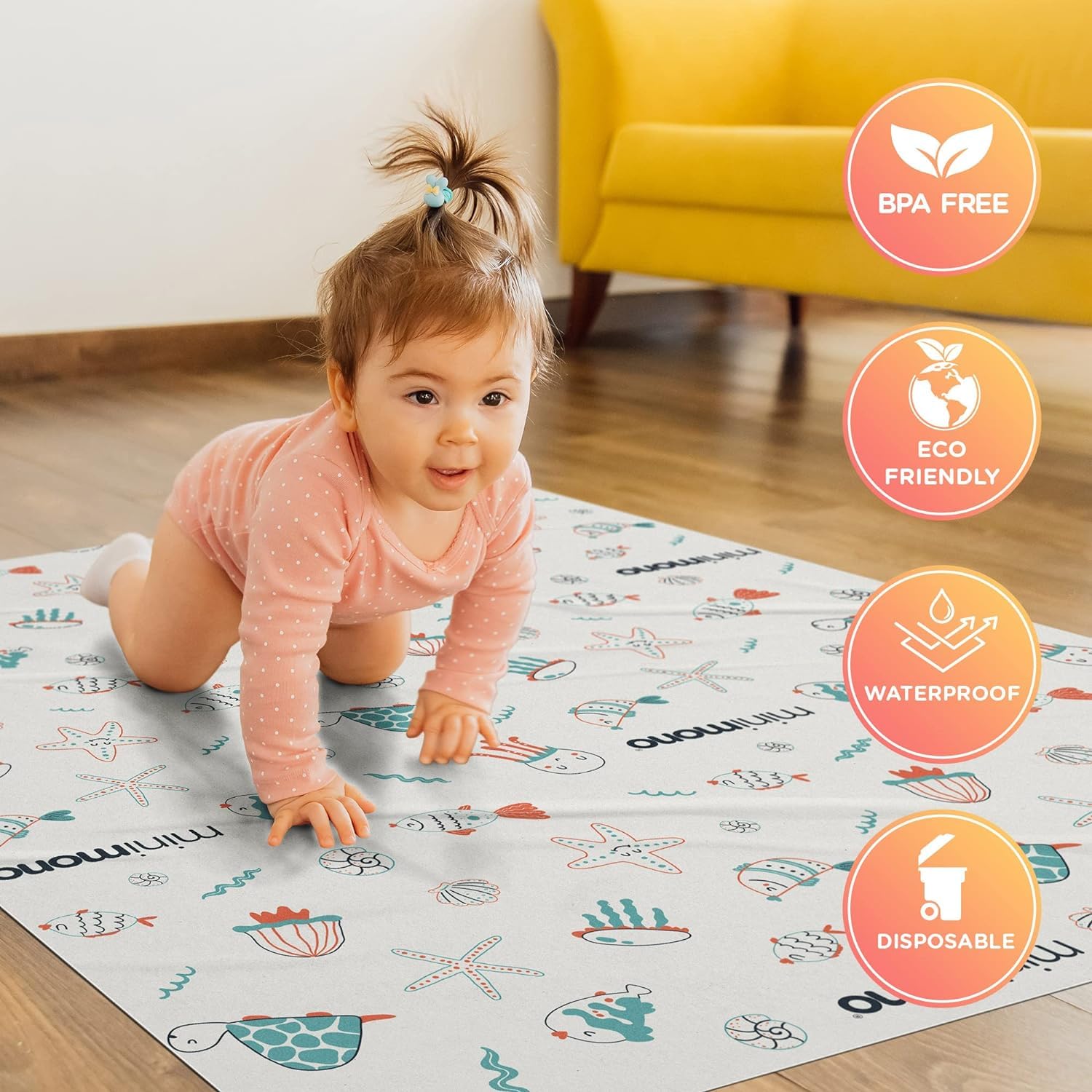 Minimono Tappetino per bambini sotto il seggiolone, 10 pezzi, usa e getta e impermeabile, 101,6 x 119,4 cm, tappetino multiuso per attività artistiche e artigianali, accessori per lo svezzamento dei