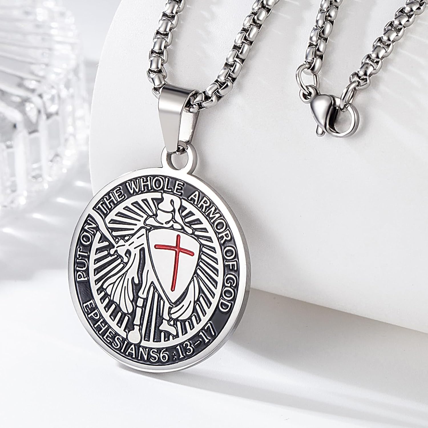 Armor of God Cross Pendant Necklace, Shield of Faith, Ephesians 6:16-17, Religious Amulet, Knights Templar Crusader, Stainless Steel 24" Chain - Image 3