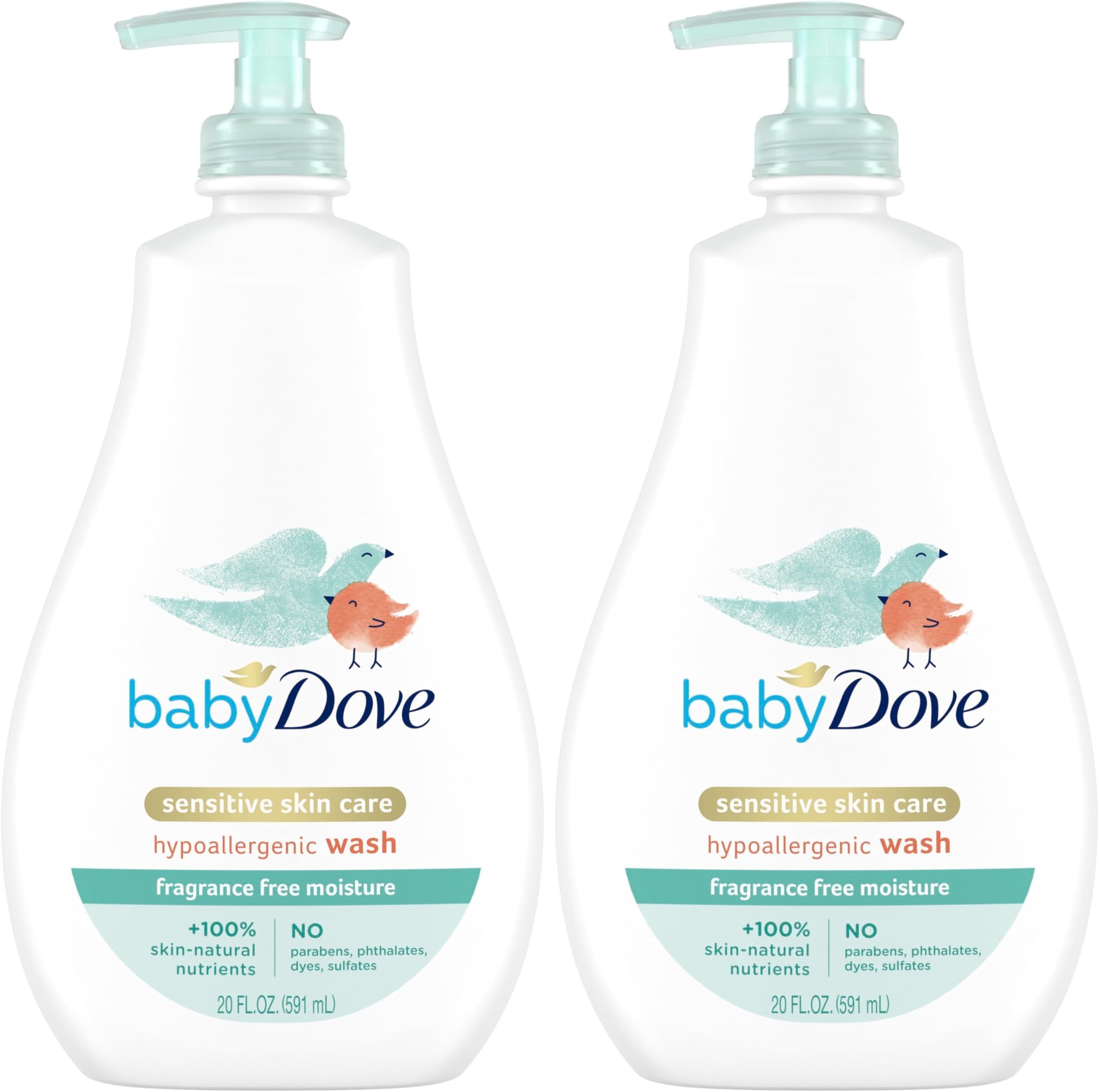 Sensitive Skin Care Baby Wash For Bath Time, Moisture Fragrance Free and Hypoallergenic, Washes Away Bacteria 20 oz (Pack of 2)