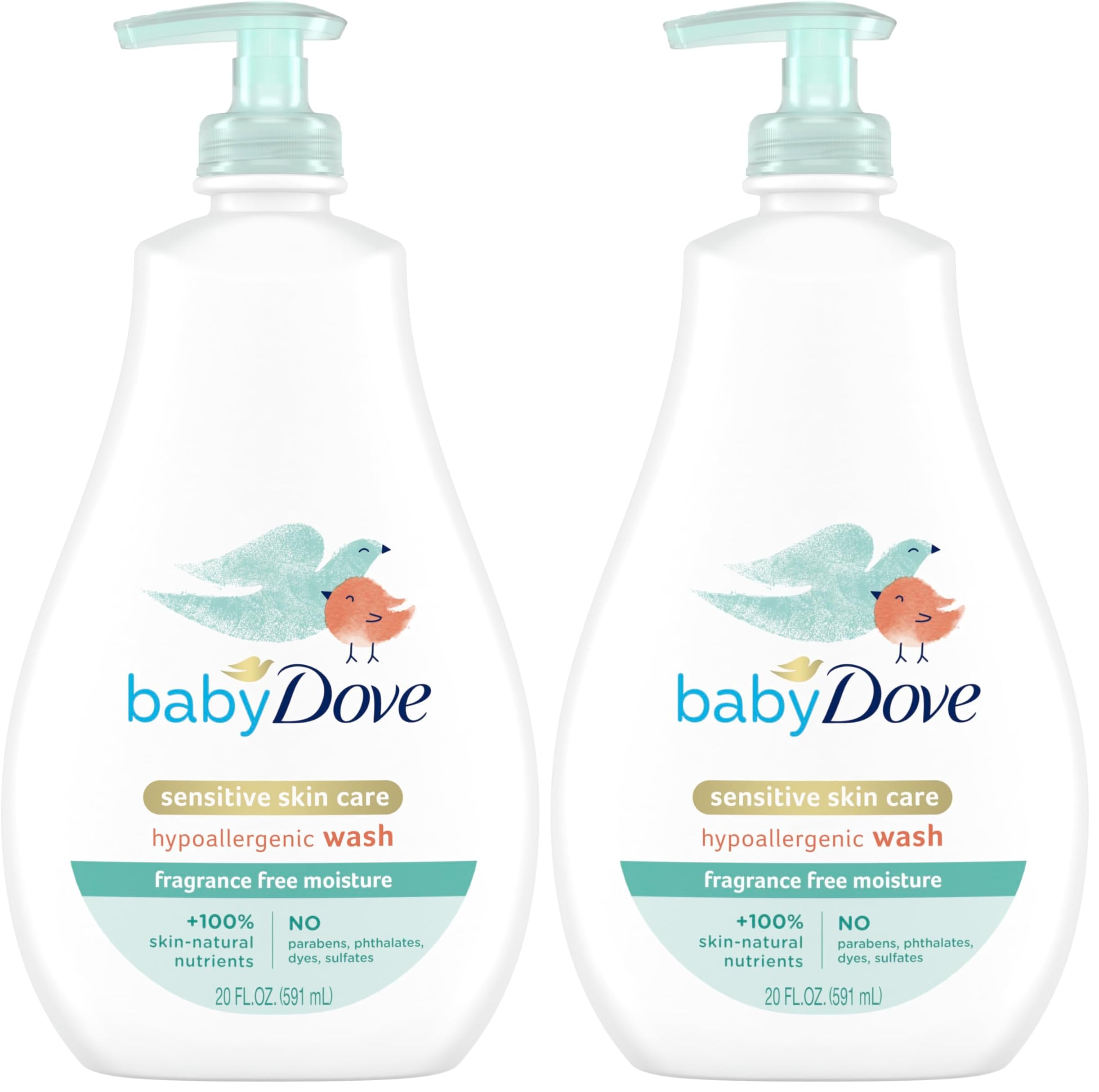 Baby Dove Sensitive Skin Care Baby Wash For Bath Time, Moisture Fragrance Free and Hypoallergenic, Washes Away Bacteria 20 oz (Pack of 2)