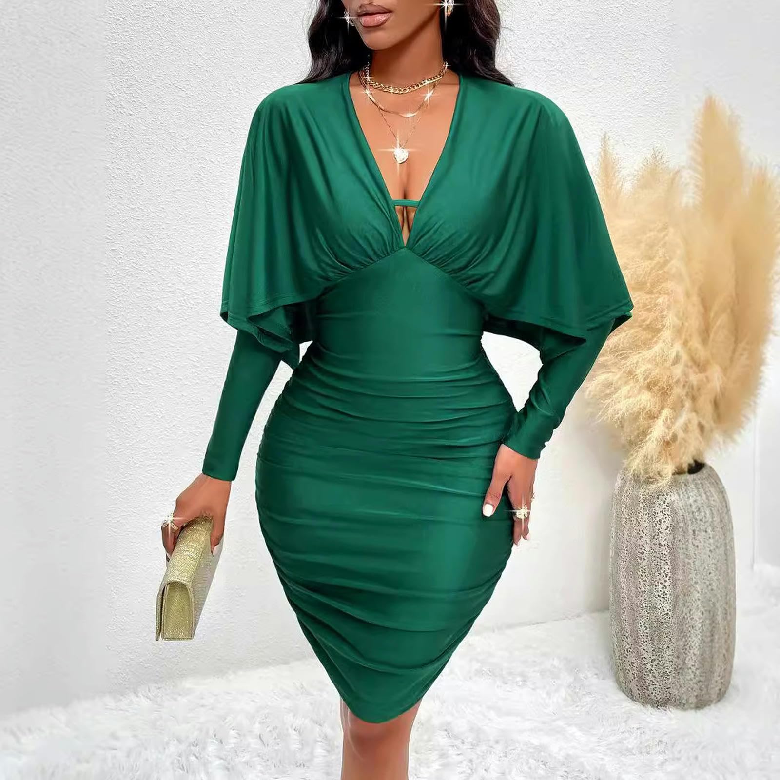 Robe Ete Femme Robe De Fête Rétro À Manches Longues Sexy - Robe De Bal De Soirée Élégante De Sirène avec Cou De Fond en V, Bodycon Fit Femme Robe-Vert-m