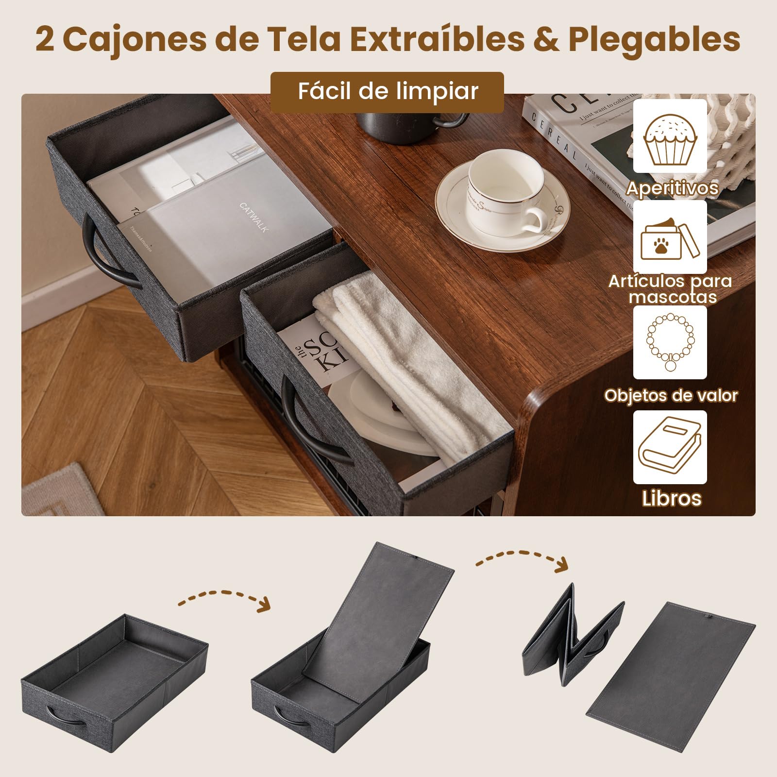 GOPLUS Mueble para Perros, Caja de Madera con 2 Cajones de Tela, Puerta Bloqueable, Caseta para Perro Interior, Mesa de Caja Resistente para Perros Pequeños y Medianos