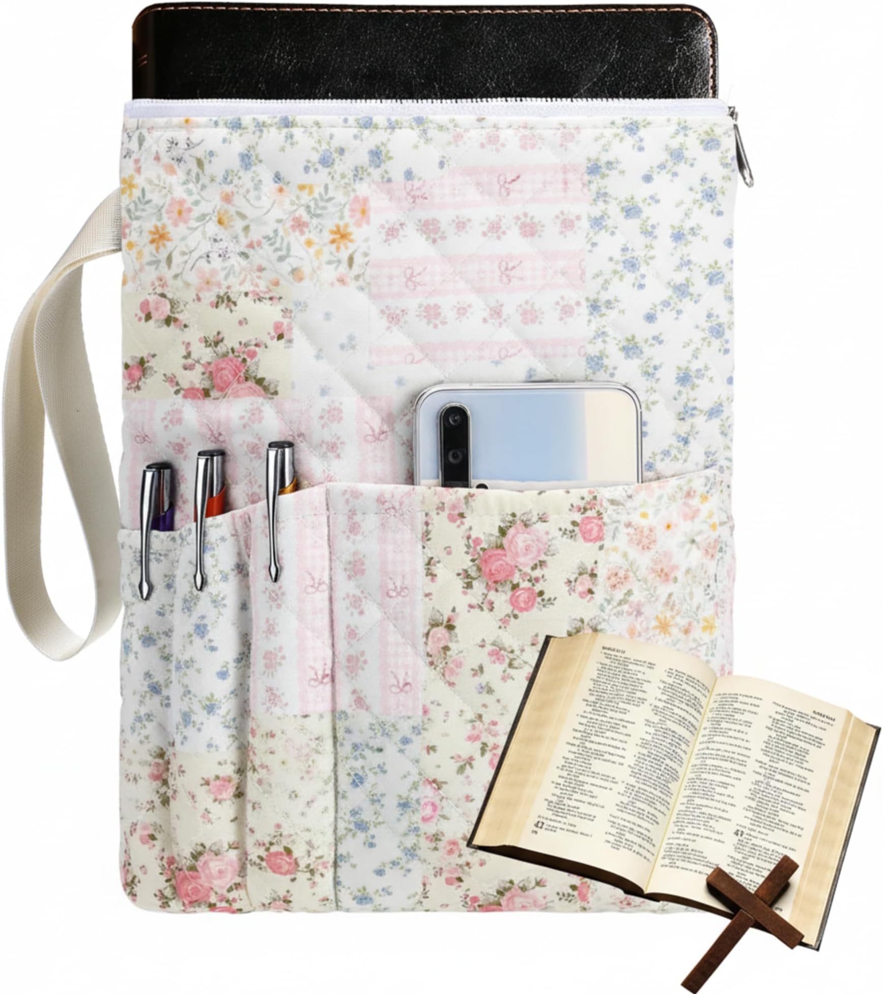 Gilprop Zippered Bible Book Case 11" x 9" Padded Protective Washable Quilted Book Covers Fresh Floral Print Bible Case with Handle Pockets Protector Lover Christian Gifts