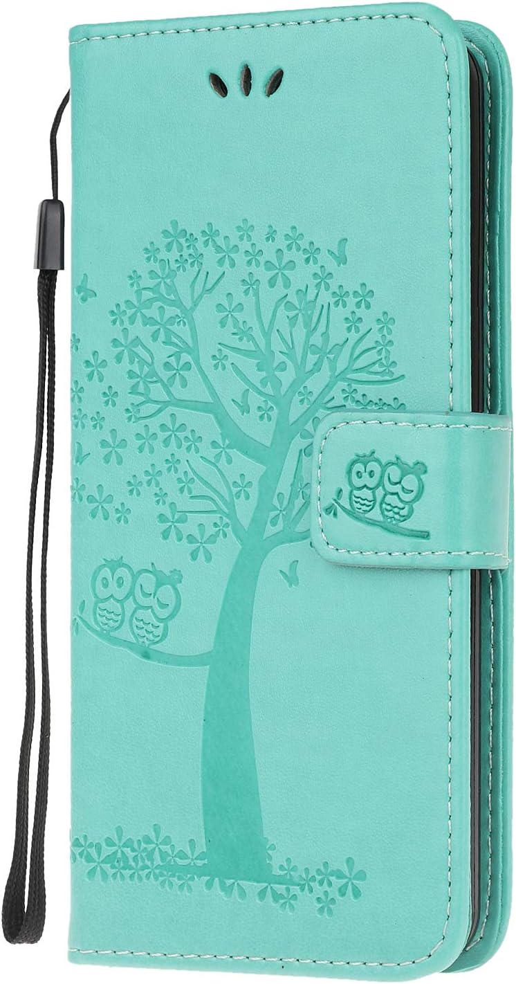 iPhone 12 Mini Case Leather Wallet Flip Folio Magnetic Clasp Stand View Bookstyle Case for iPhone 12 Mini Phone Case Cover Shockproof Cute Owl & Tree Pattern, Green