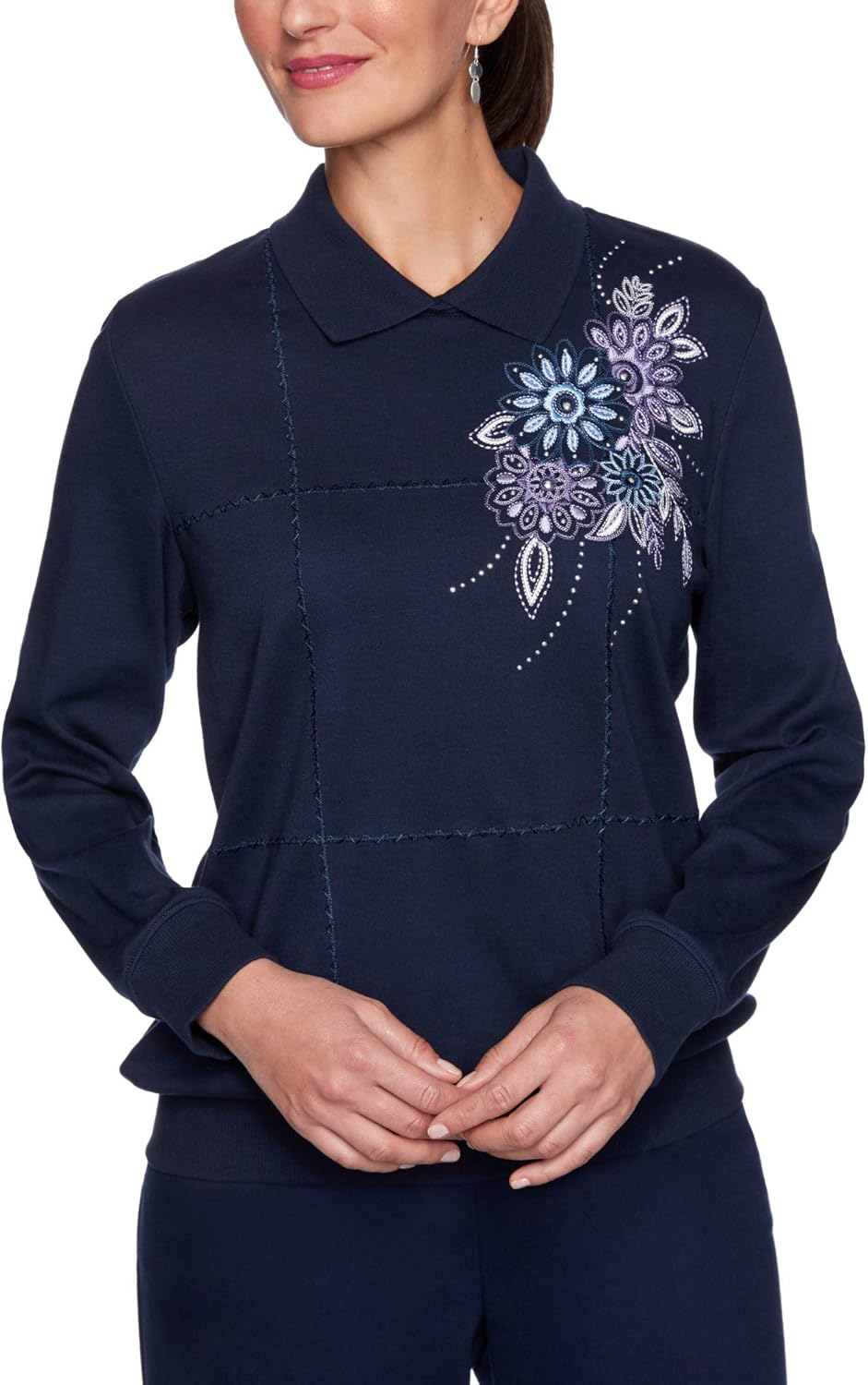 Alfred Dunner Women's Plus-Size Flower Embroidered Collard Neckline Top