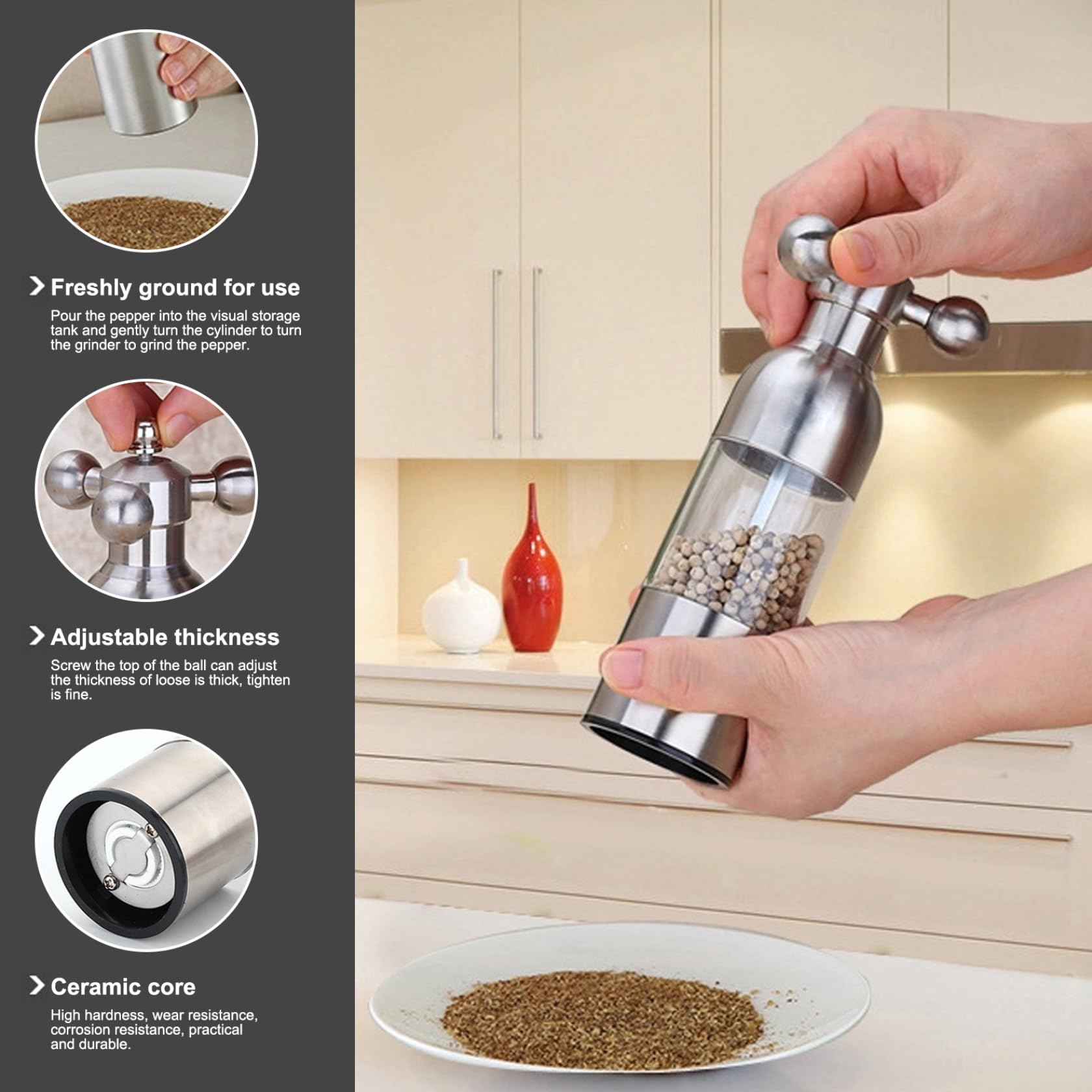 2 Piezas de Mando de Sal y Pimienta Ajustable - Molino Manual con grosería Personalizable, fácil de Usar para cocinas, restaurantes