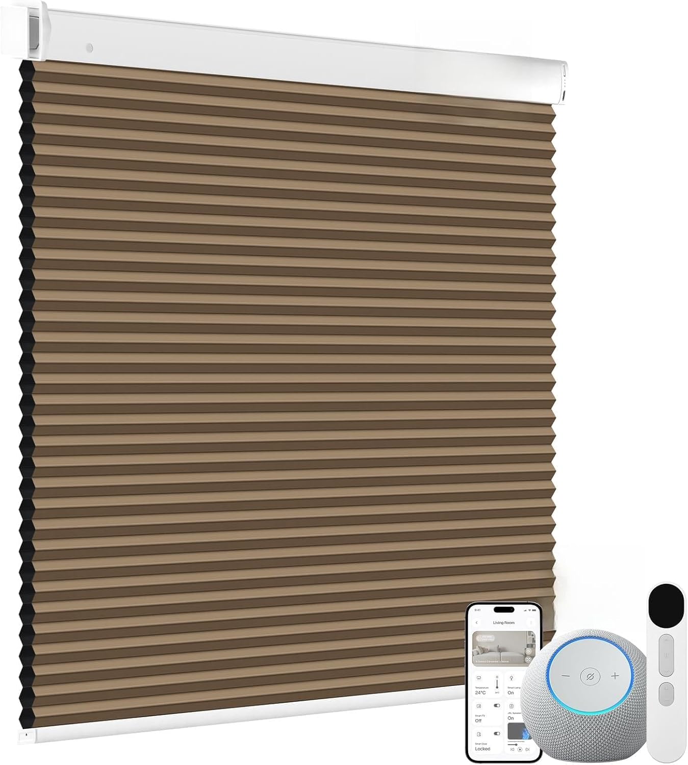 Shade&Beyond No Drill Motorized Cellular Shades, Smart Blackout Honeycomb Blinds with Remote &Rechargeable Battery, Cordless Electric Window Shades for Indoor Custom Size, 58" W X 44" H,Brown