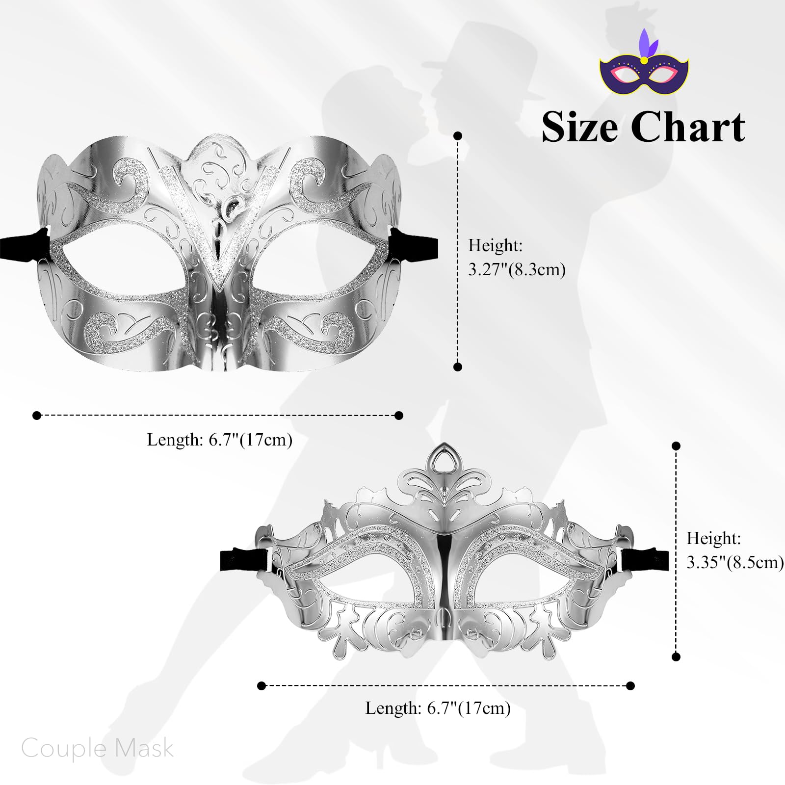 Oidea Masquerade Mask for Couples: Ultra-Thin Glittery Carnival Venetian Mask Halloween Mardi Gras Costume Mascarade Ball Party Masks for Women and Men Silver - Image 3